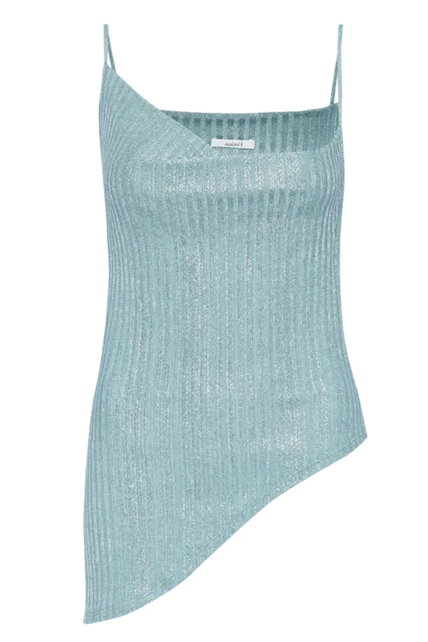Flat lay of baby blue shimmer rib knit top with cowl neck and asymmetric hem line.