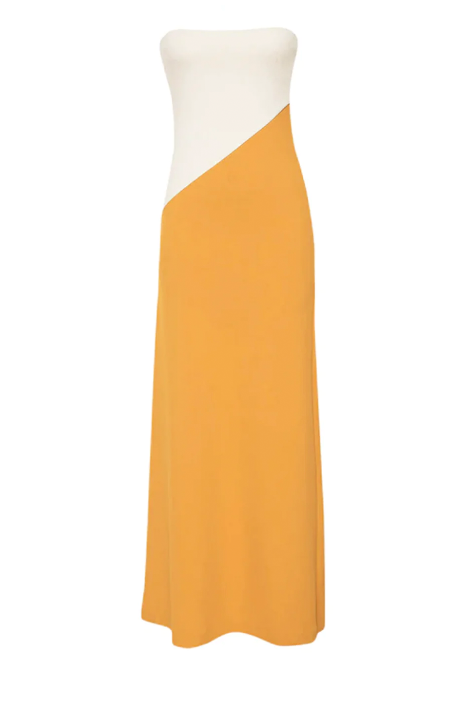 Flat lay of strapless maxi dress with white top and yellow skirt.