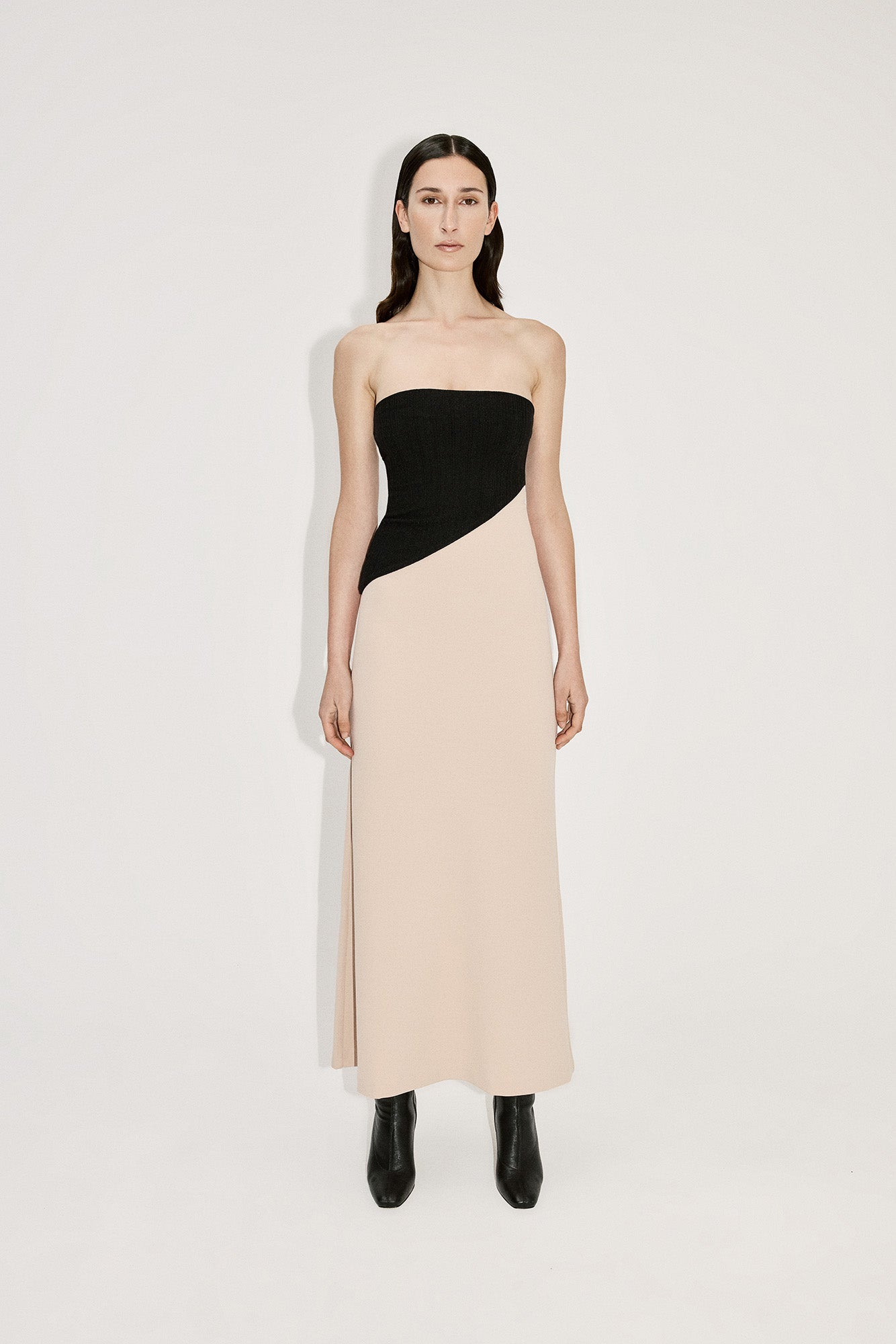 TWO TONE ASYMMETRIC LINE DRESS in BLACK/BLUSH