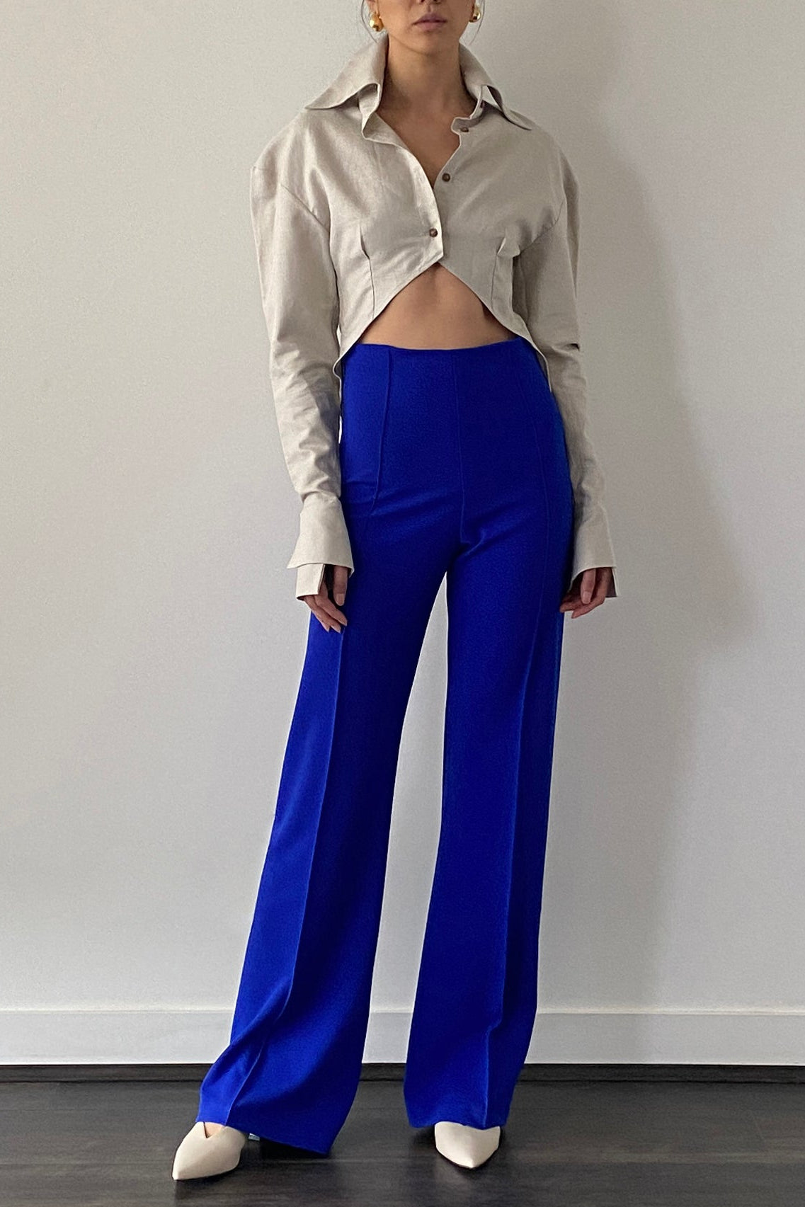 Woman in royal blue high waisted wide leg pant with pin tuck detail. Paired with beige button down.
