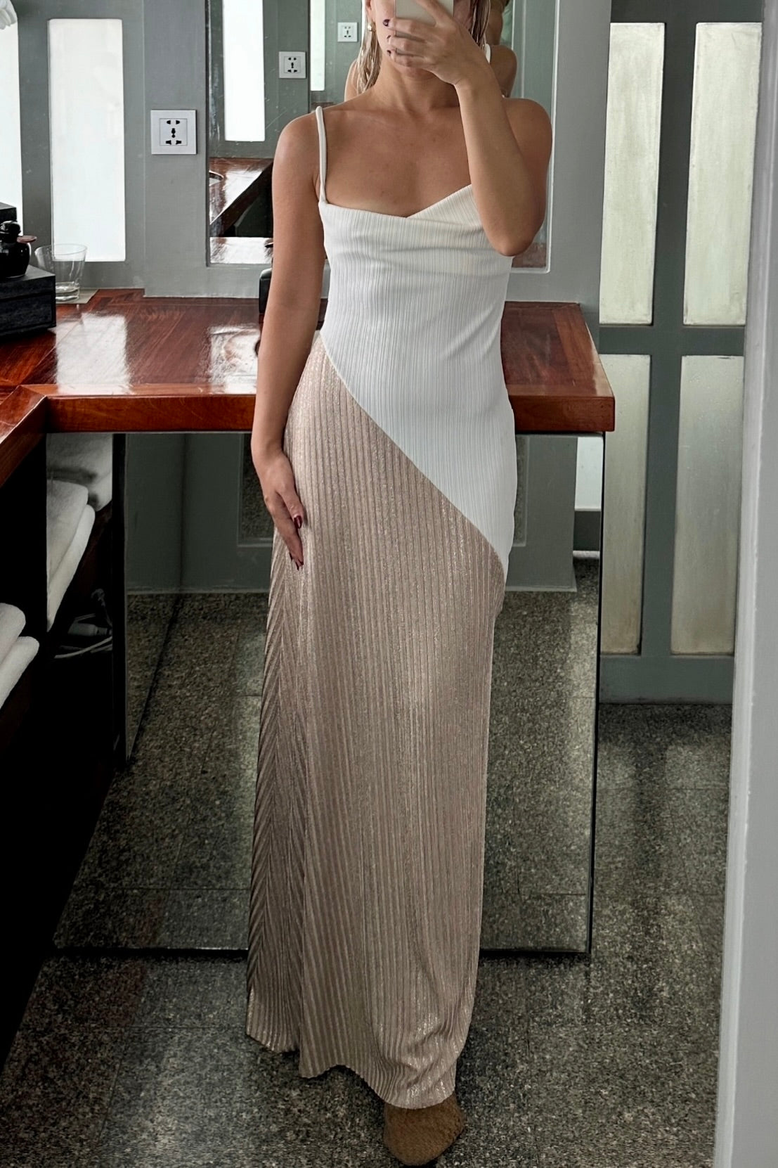 DRAPED TWO TONE ASYMMETRIC CONTRAST KNIT DRESS in WHITE/ANTIQUE GOLD
