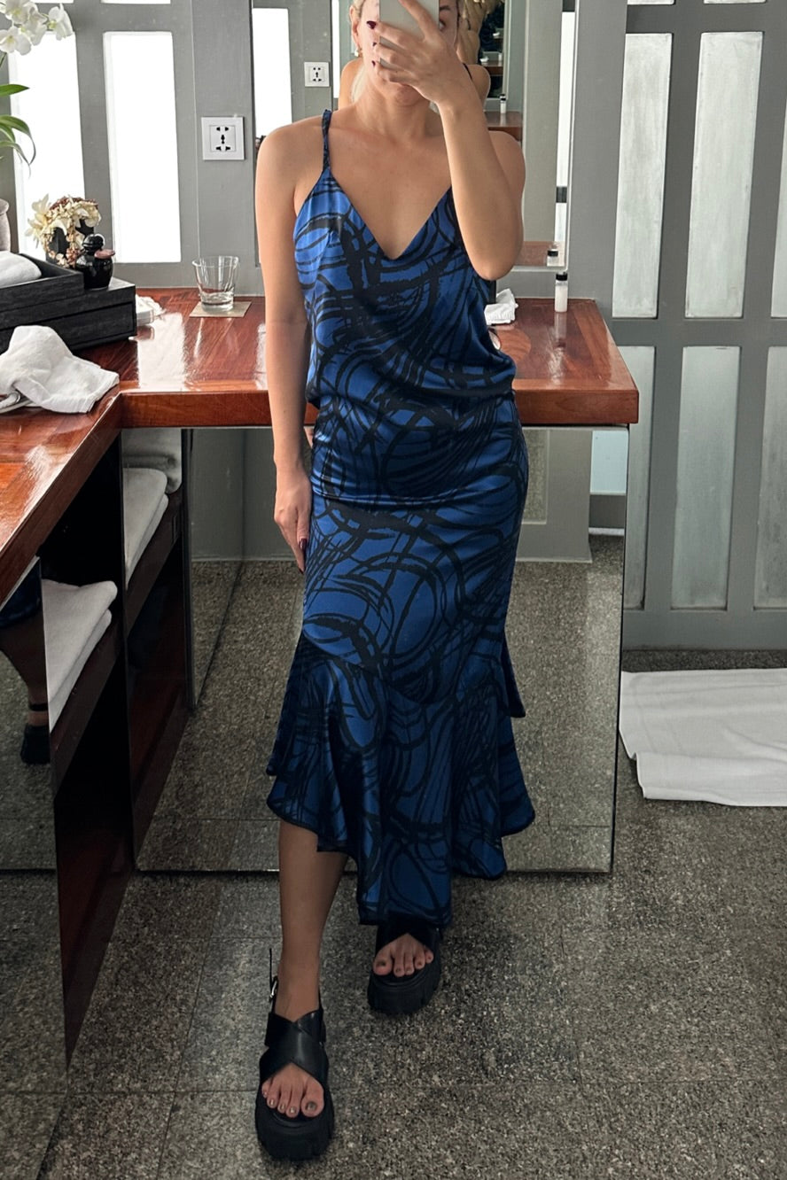BRUSH STROKE SILK PRINT FLOUNCE DRESS