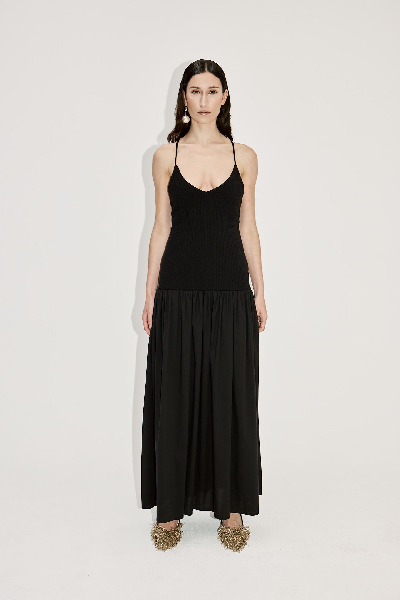 DROP WAIST V-NECK GATHER DRESS