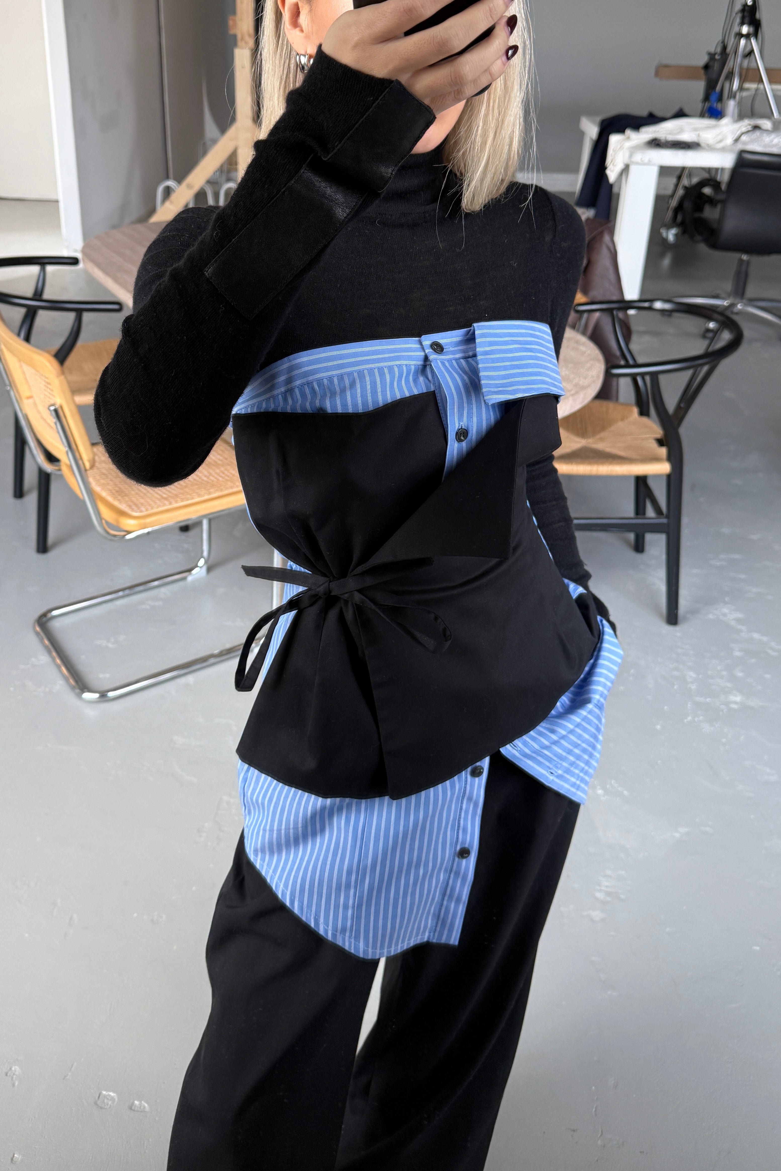 DECONSTRUCTED WRAP SHIRT TOP in BLUE STRIPE/BLACK
