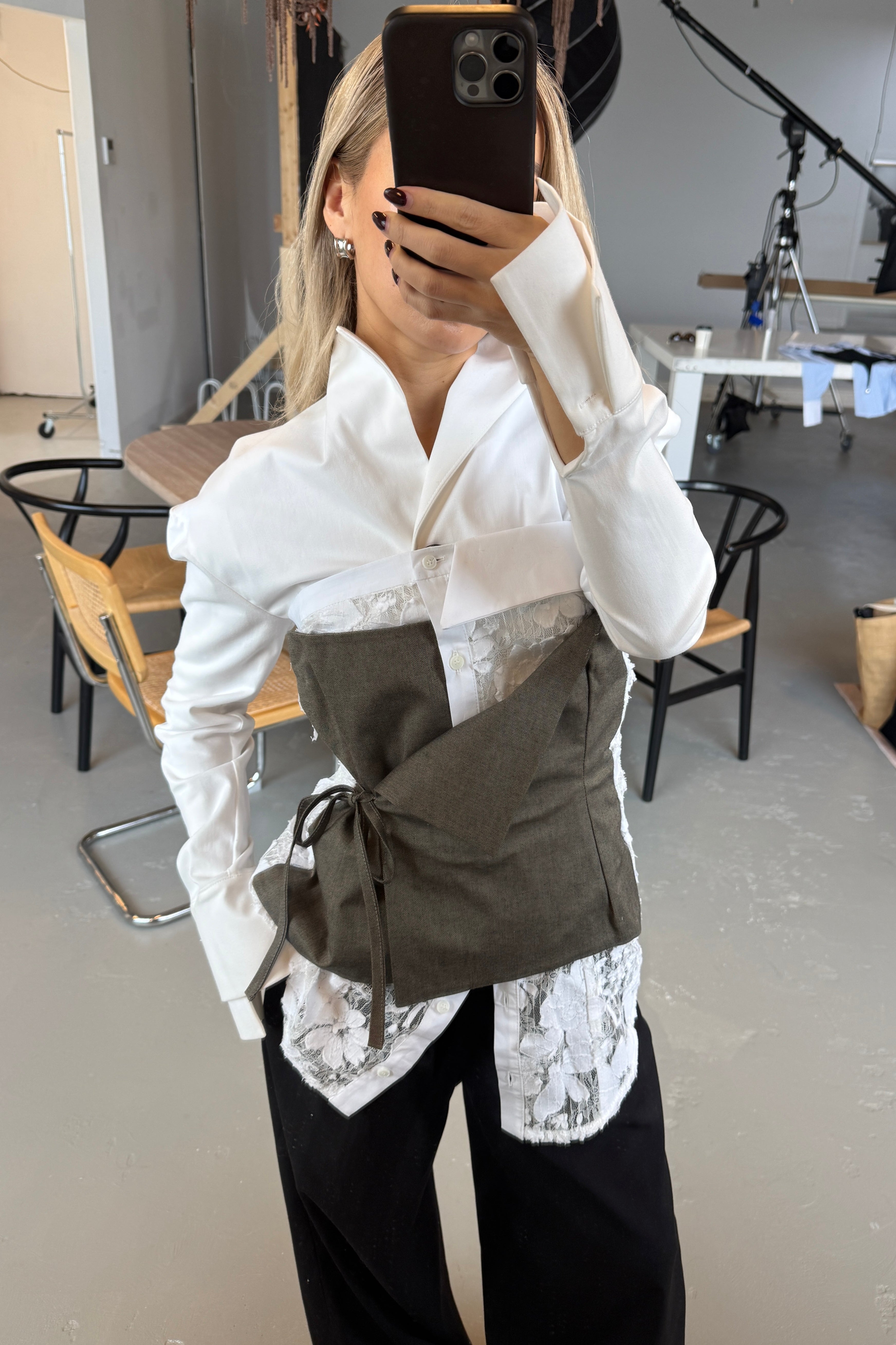 DECONSTRUCTED LACE WRAP TOP in SMOKE/WHITE LACE