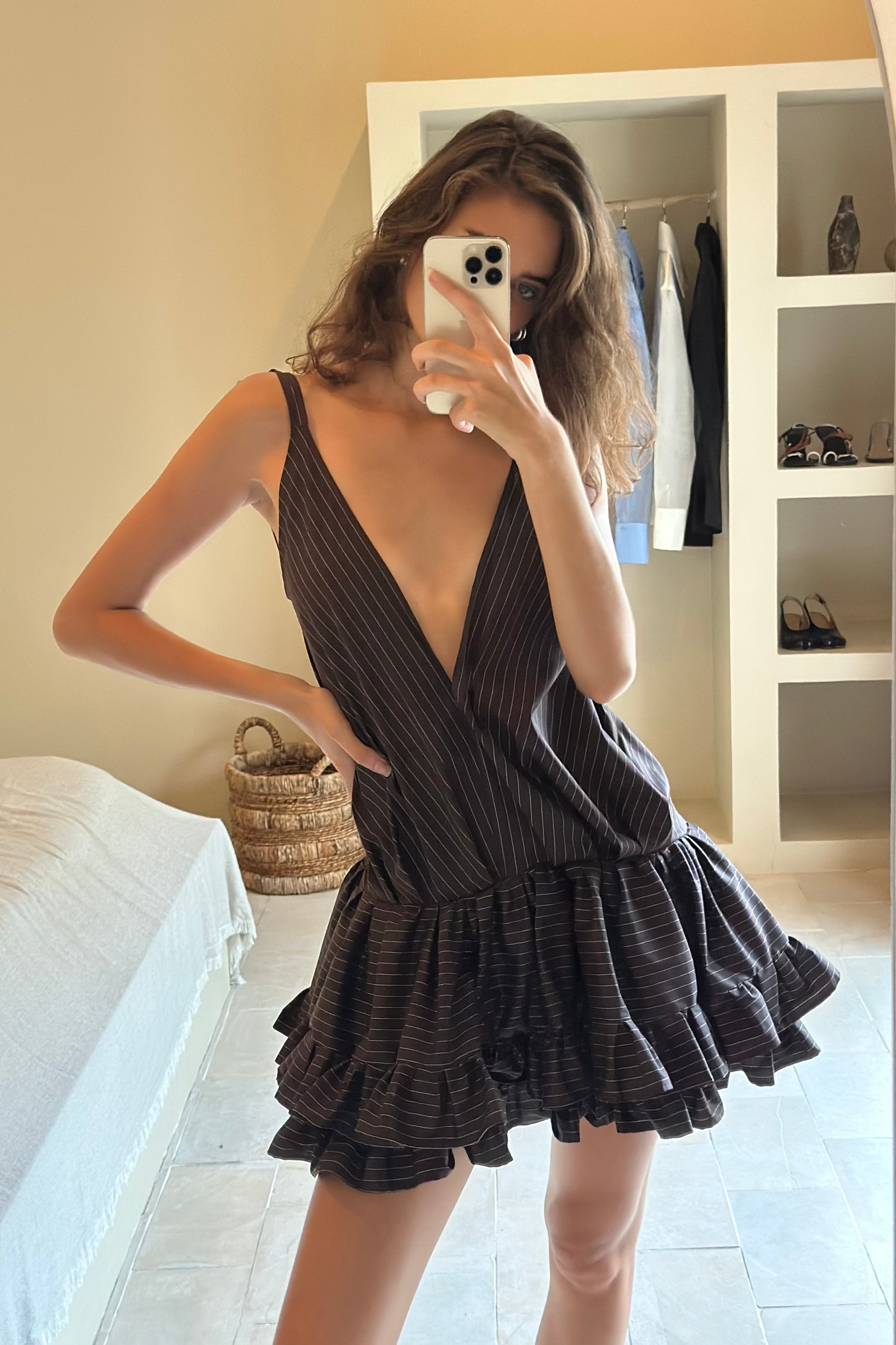 PINSTRIPE LAYERED RUFFLE DRESS