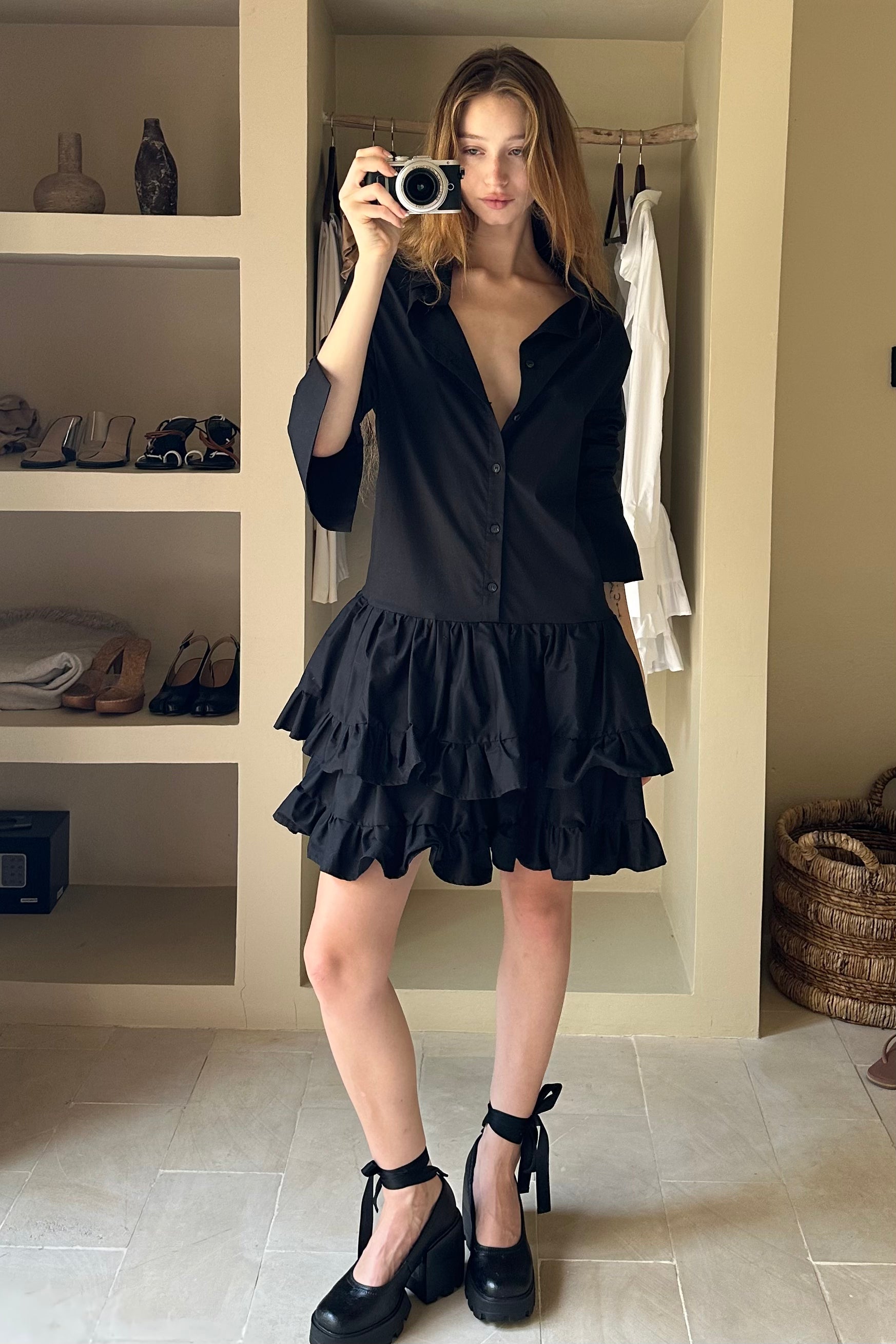 RUFFLE LAYERED SHIRT DRESS in BLACK