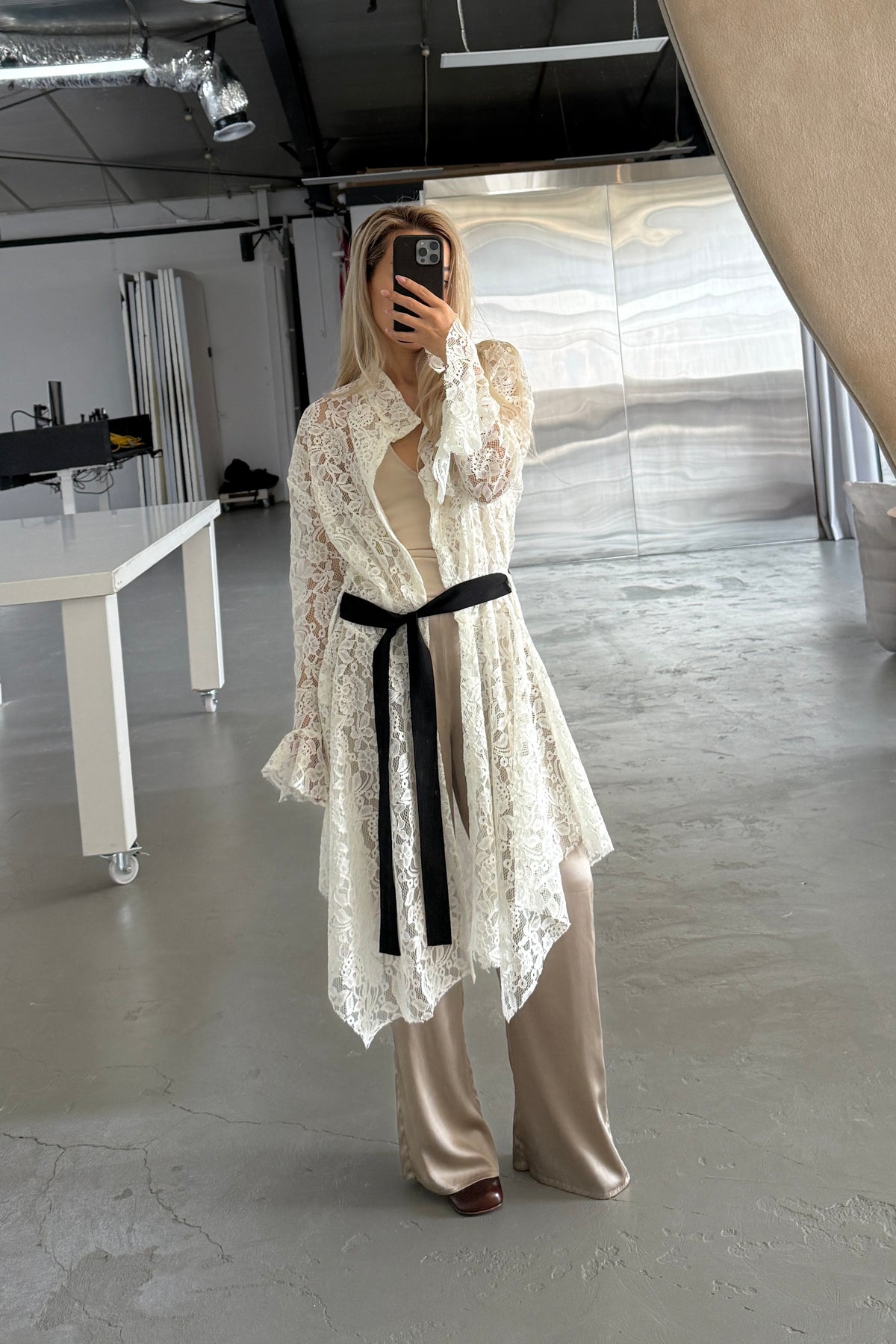 LACE HANDKERCHIEF HEM WRAP COAT WITH SASH