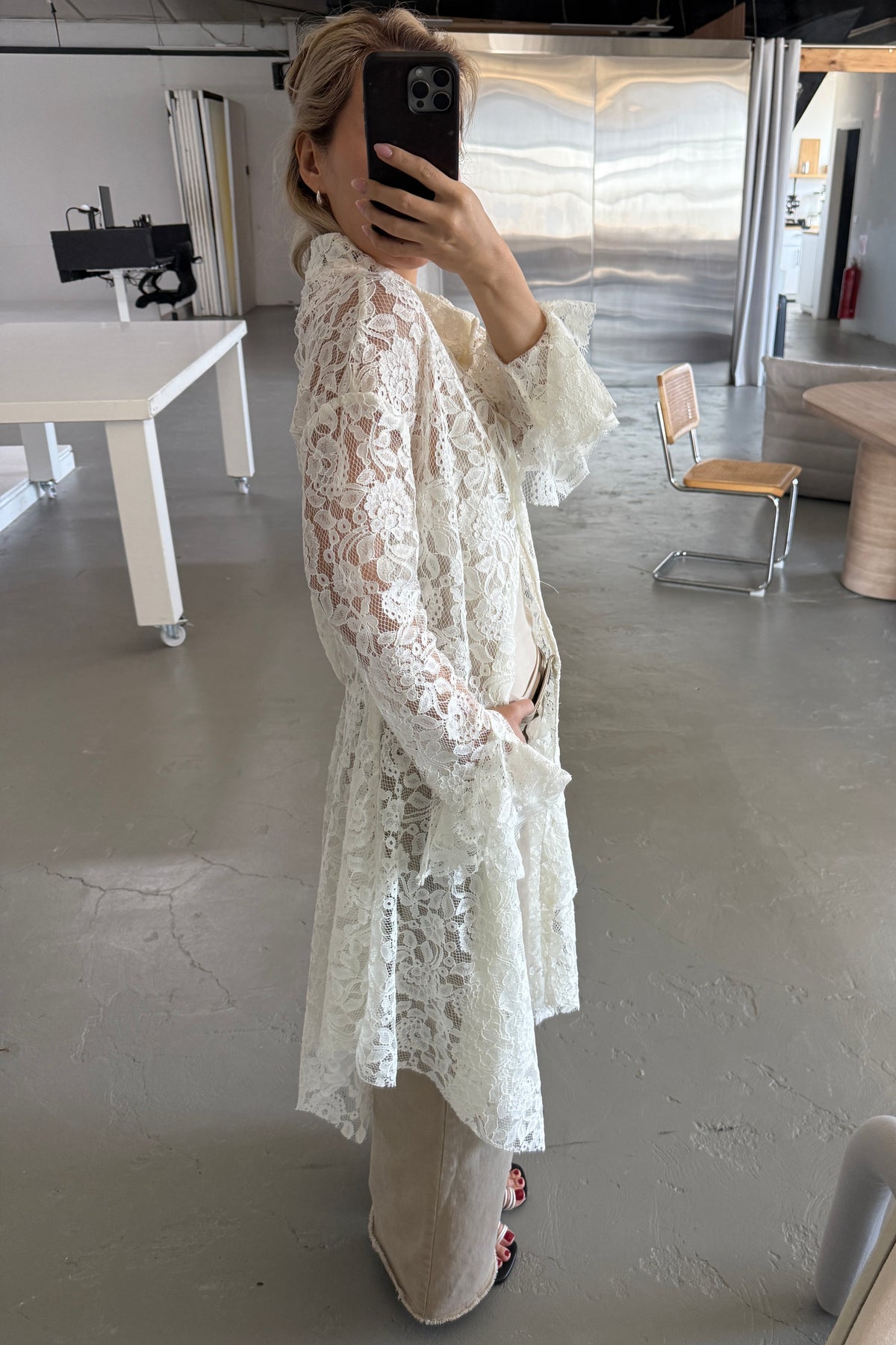 LACE HANDKERCHIEF HEM WRAP COAT WITH SASH