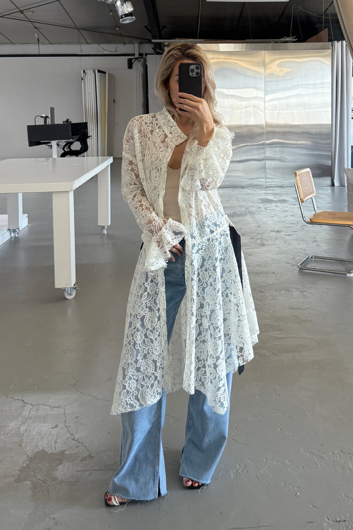 LACE HANDKERCHIEF HEM WRAP COAT WITH SASH