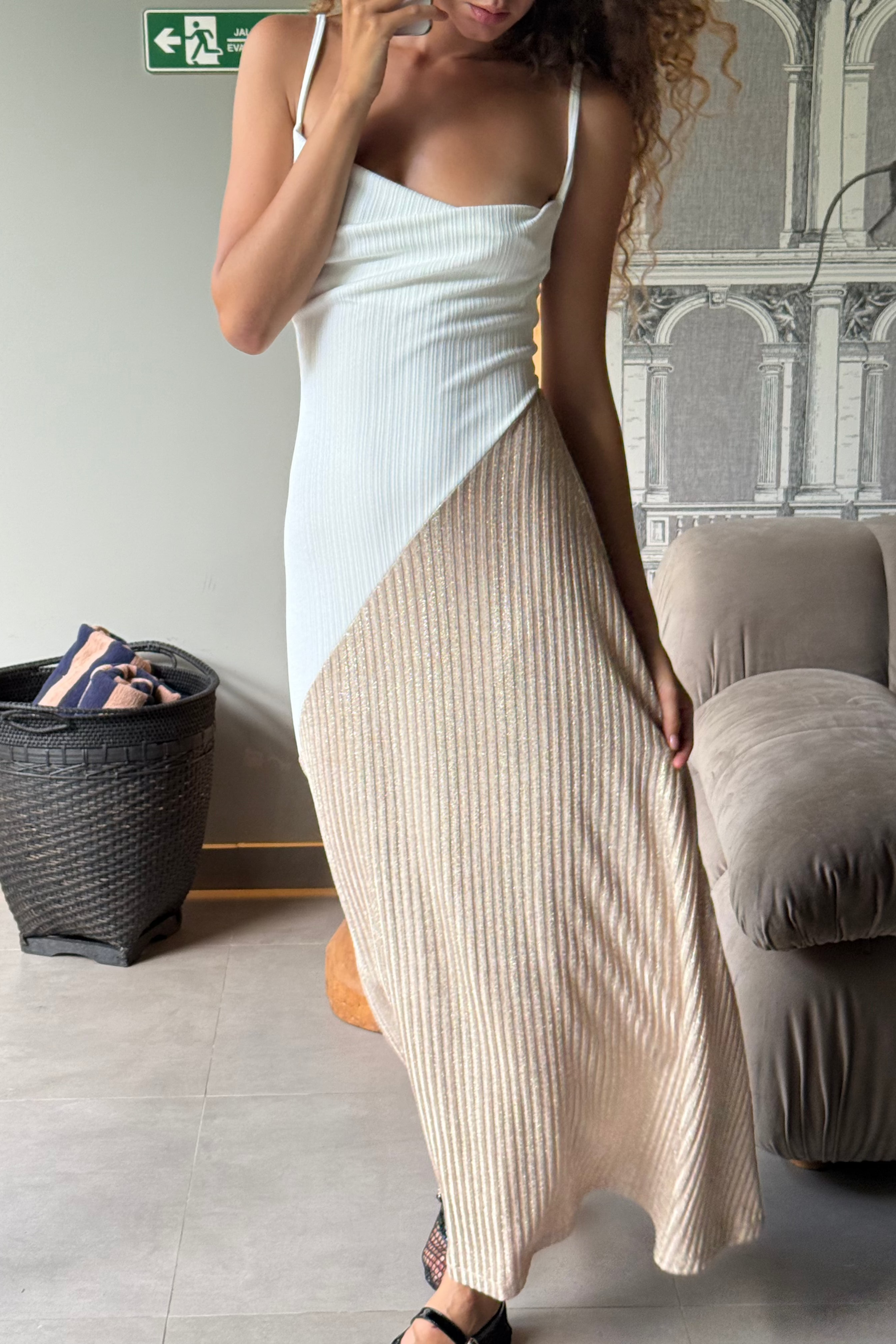 DRAPED TWO TONE ASYMMETRIC CONTRAST KNIT DRESS in WHITE/ANTIQUE GOLD