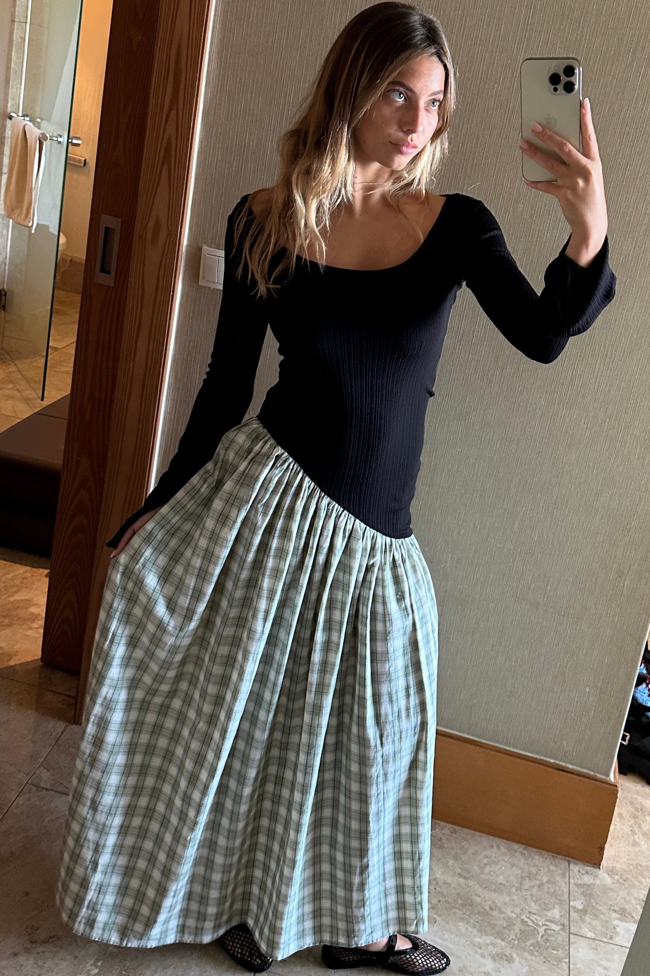 LONG SLEEVE ASYMMETRIC GATHER DRESS in GREEN PLAID