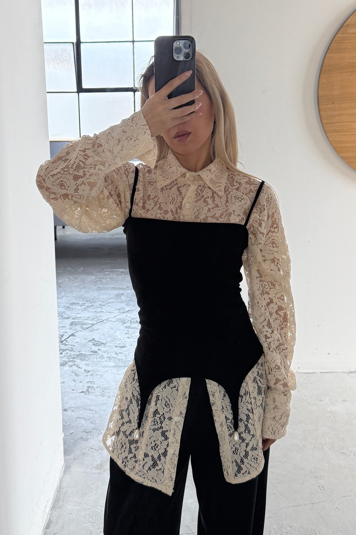 LACE DETACHABLE LAYERED SHIRT DRESS SET in CREAM/BLACK