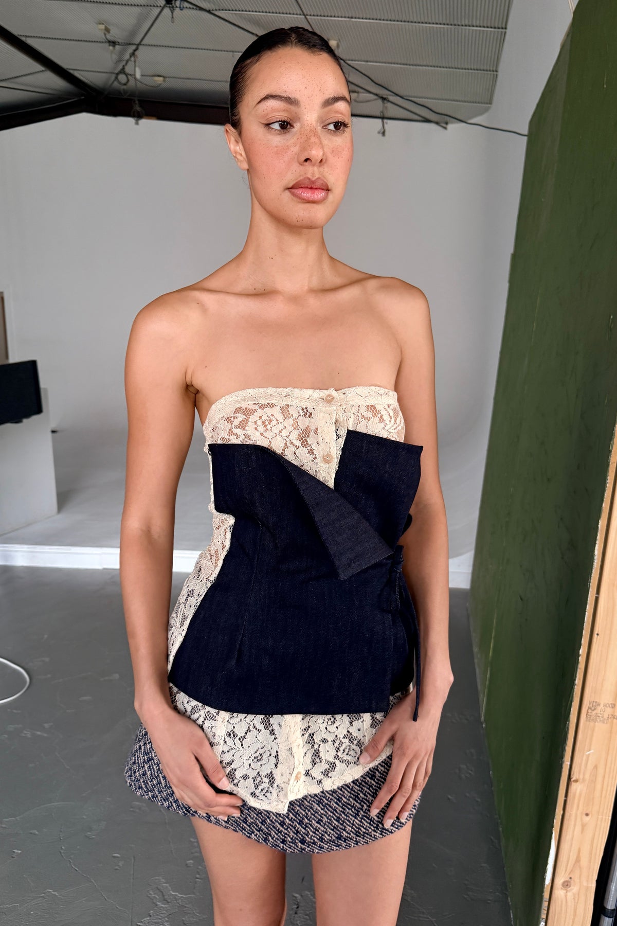 LACE DENIM WRAP CORSET TOP in INDIGO/CREAM
