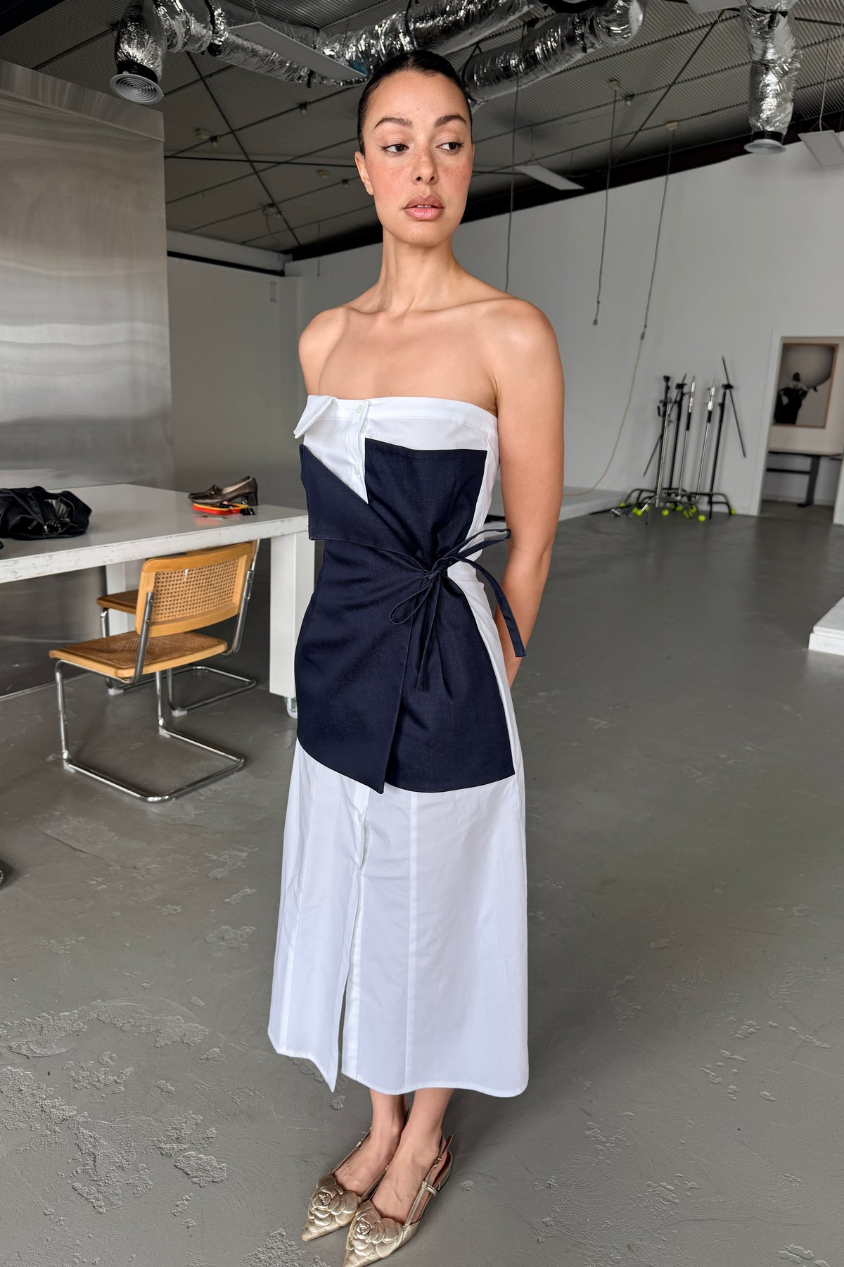 DECONSTRUCTED WRAP CORSET DRESS in INDIGO/WHITE