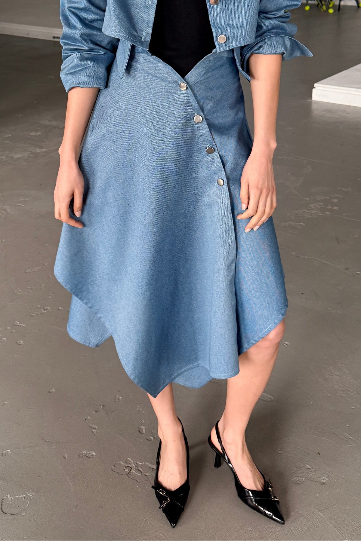 DENIM DECONSTRUCTED HANDKERCHIEF HEM SKIRT in VINTAGE BLUE