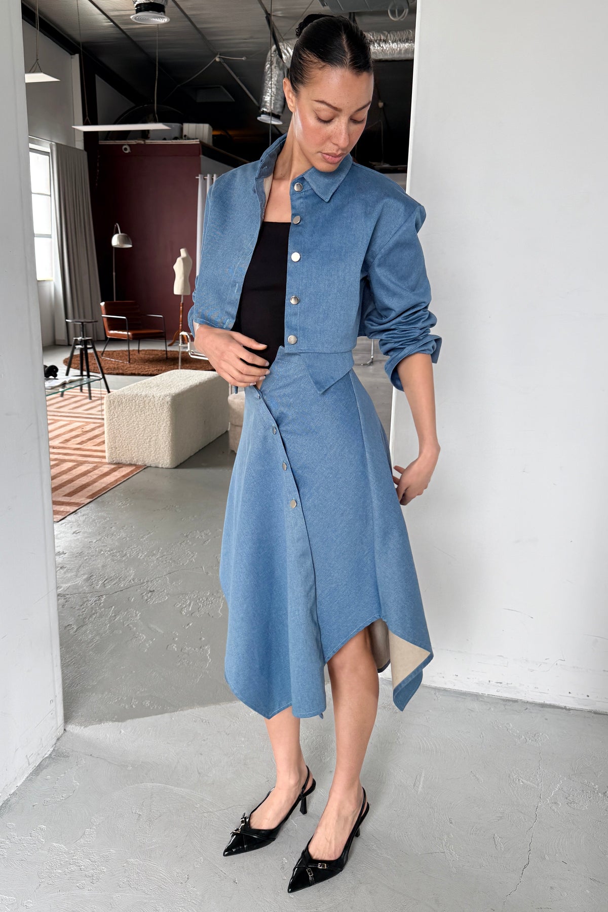 DENIM DECONSTRUCTED HANDKERCHIEF HEM SKIRT in VINTAGE BLUE