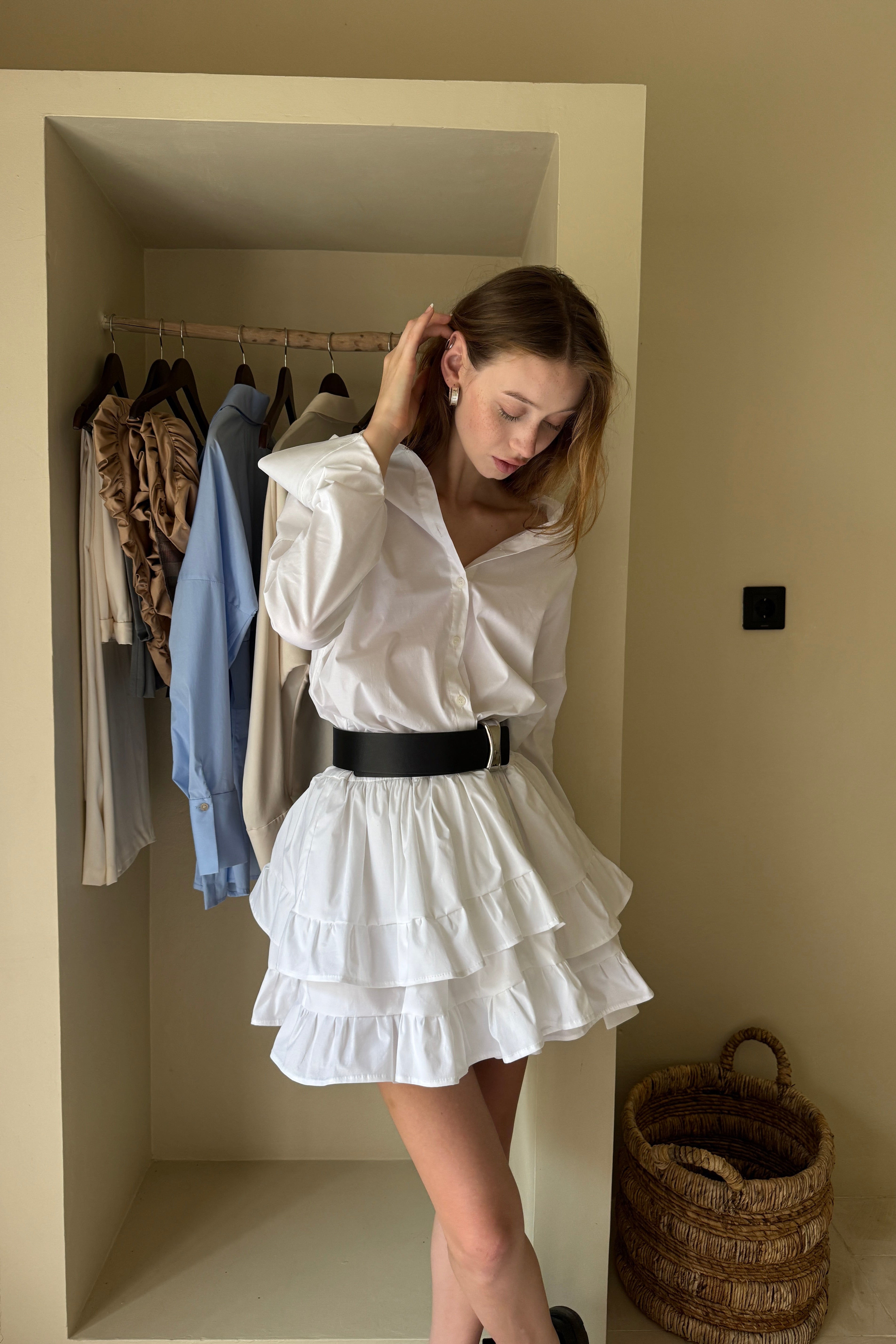 RUFFLE LAYERED SHIRT DRESS in WHITE