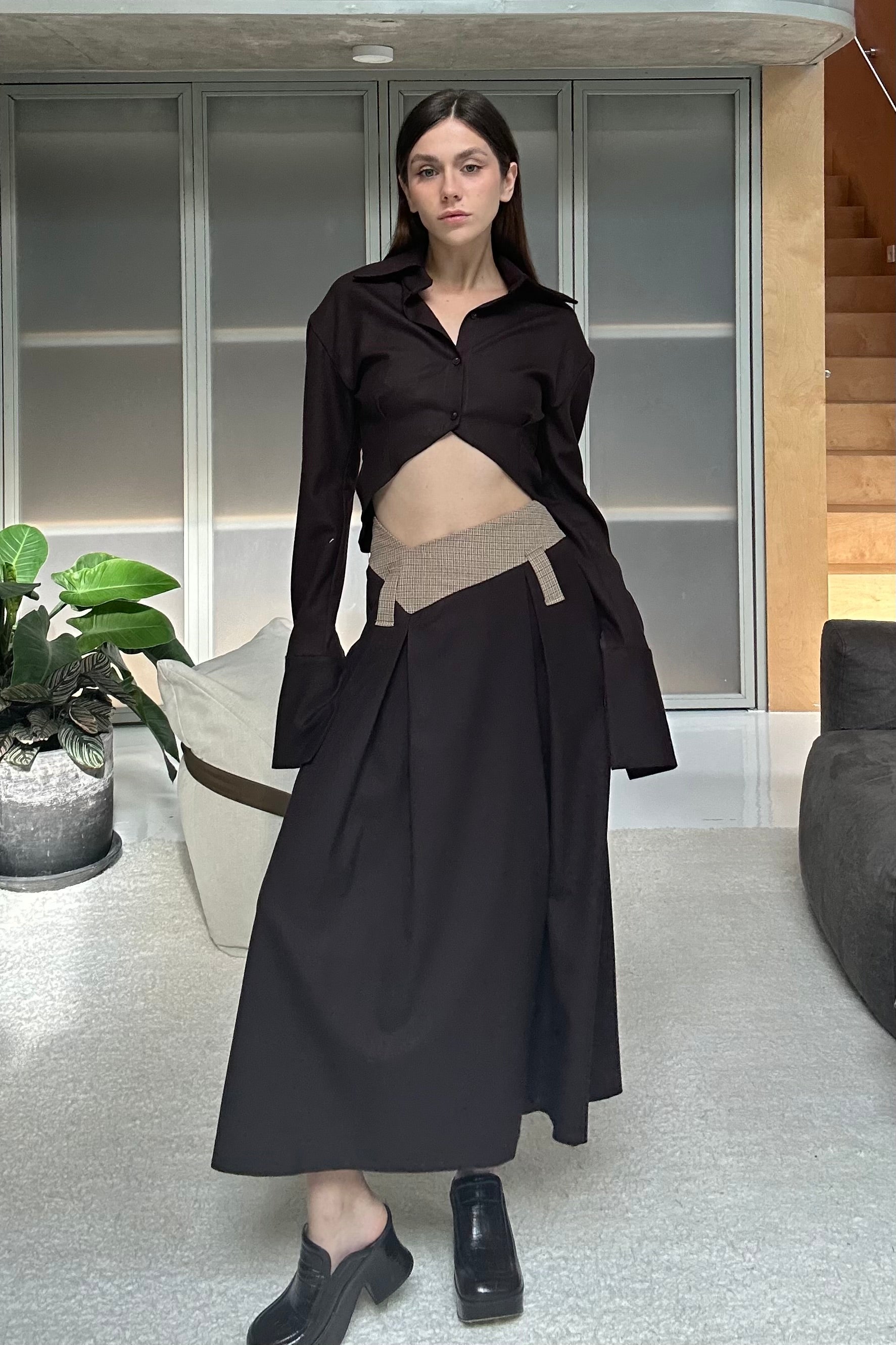 TAILORED ANGLED WAIST LONG SKIRT in BISCUIT CHECK/BROWN