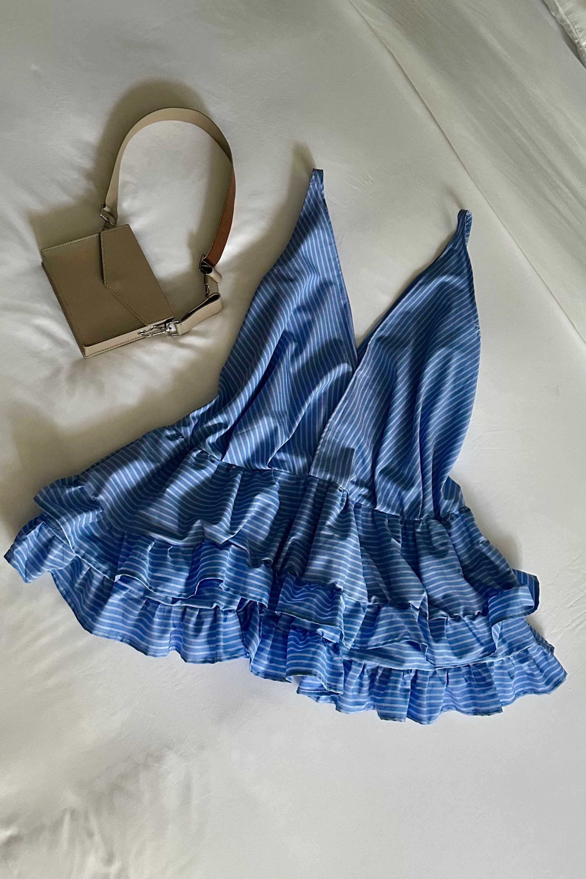 PINSTRIPE LAYERED RUFFLE DRESS in SKY BLUE/ WHITE