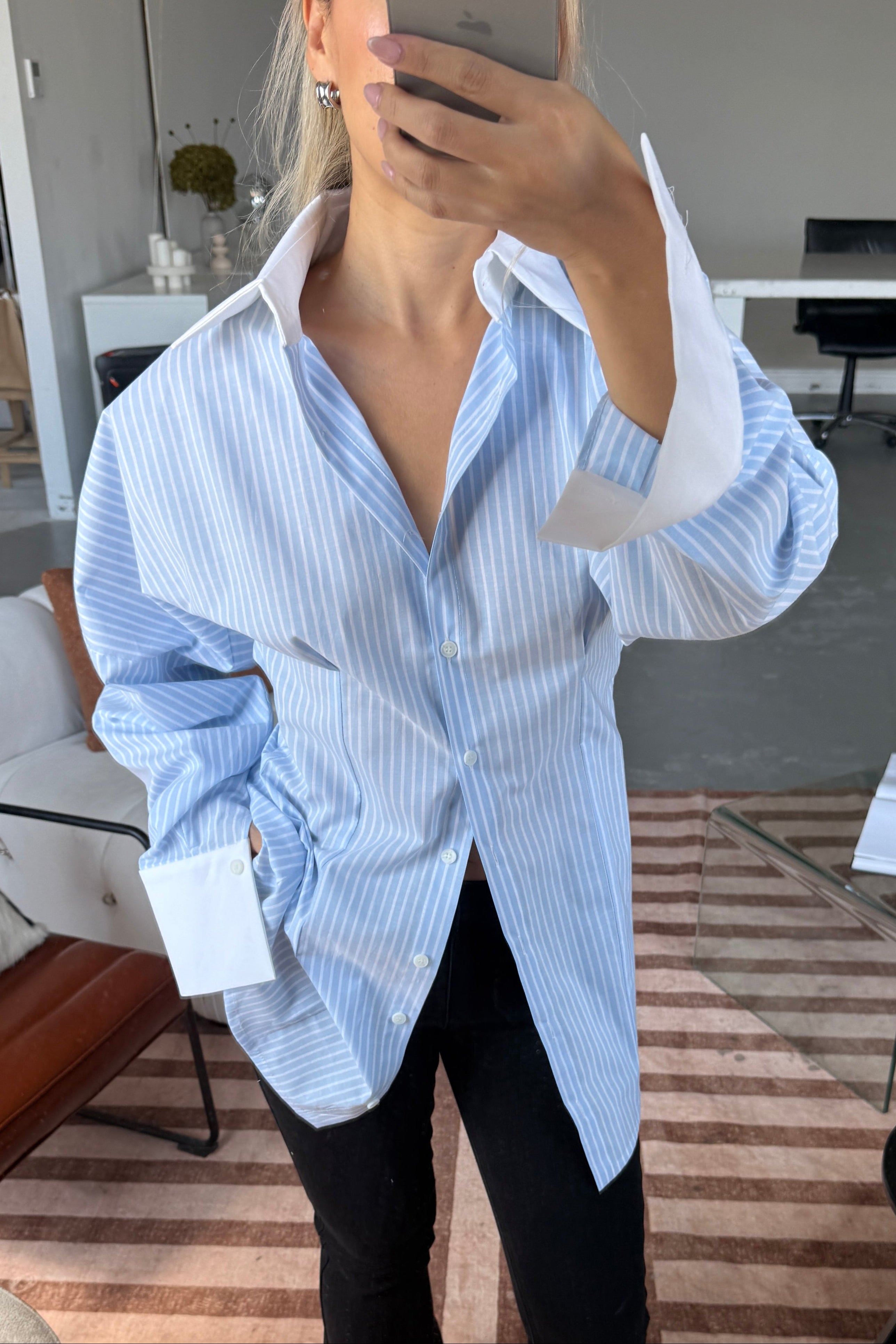 VOLUME SLEEVE SHIRT DRESS in BABY BLUE STRIPE