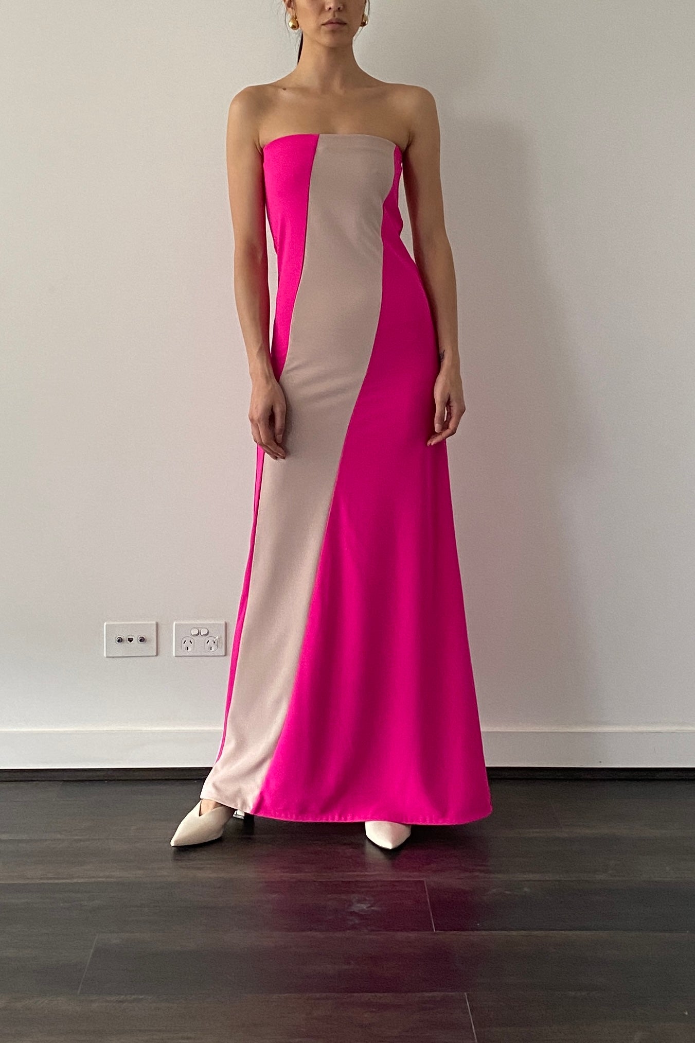 DIAGONAL TWO TONE MAXI DRESS in HOT PINK/BLUSH