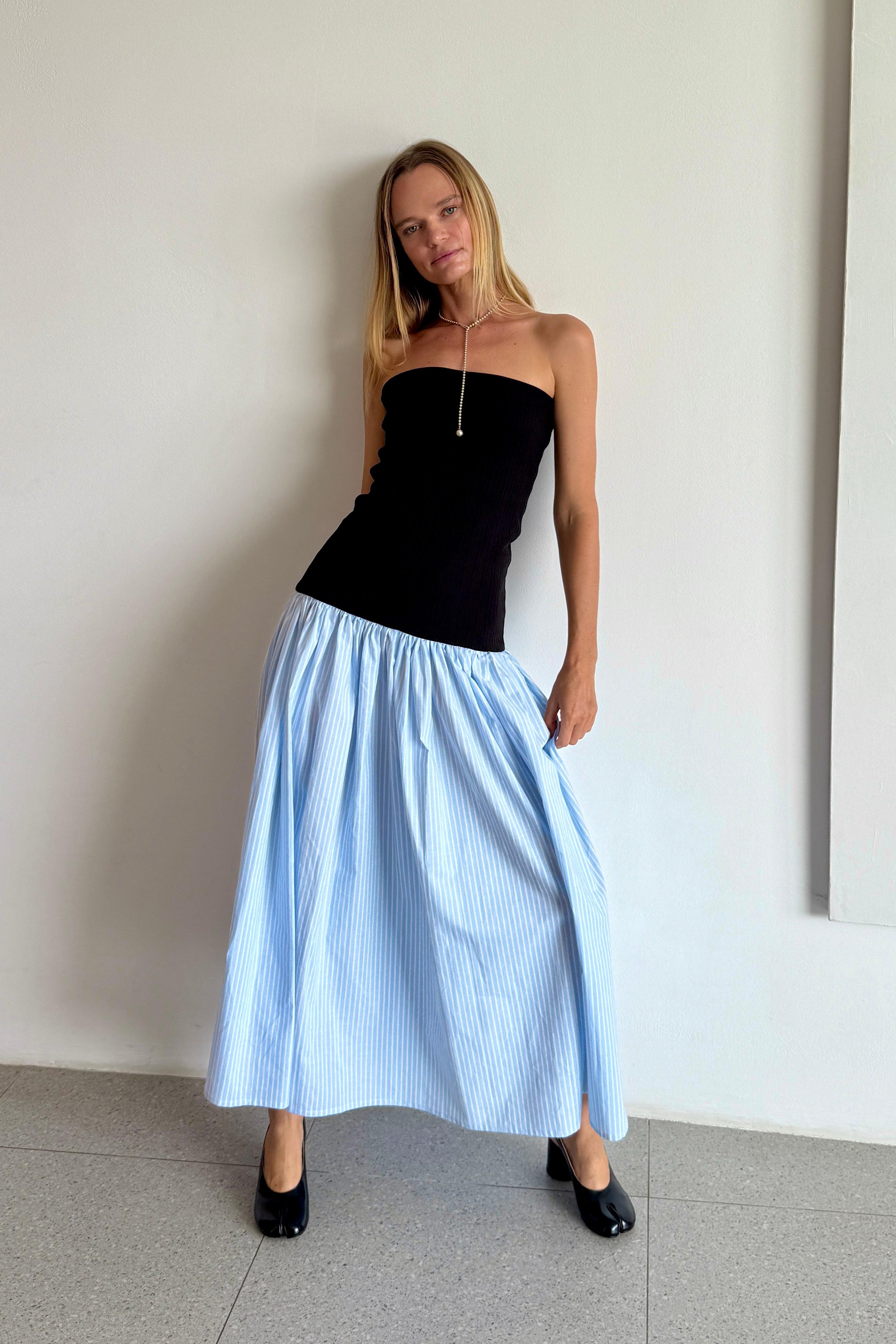 MAXI GATHERED DRESS in BLACK/BABY BLUE STRIPE