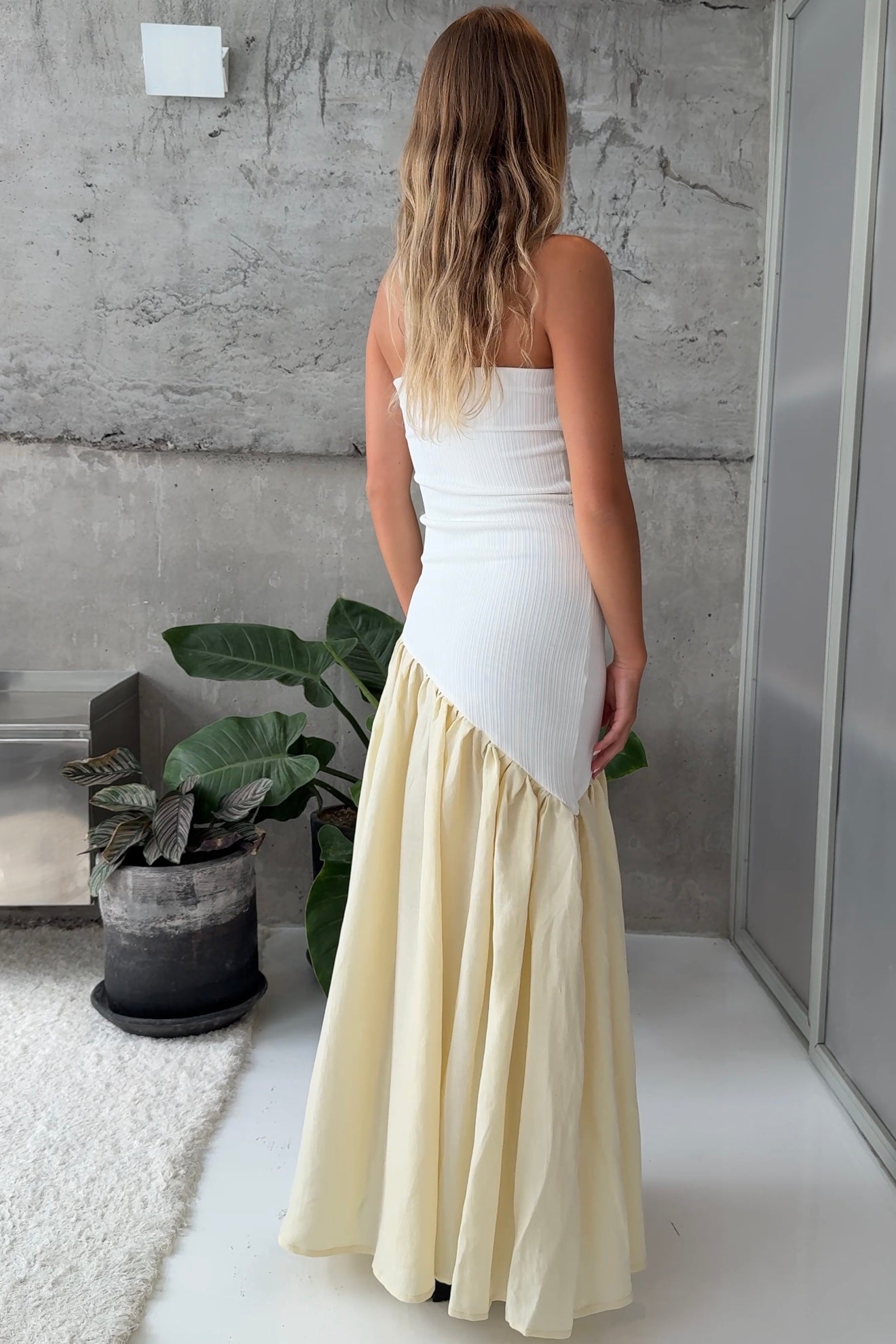 ASYMMETRIC TWO TONE GATHER DRESS in IVORY/LEMON