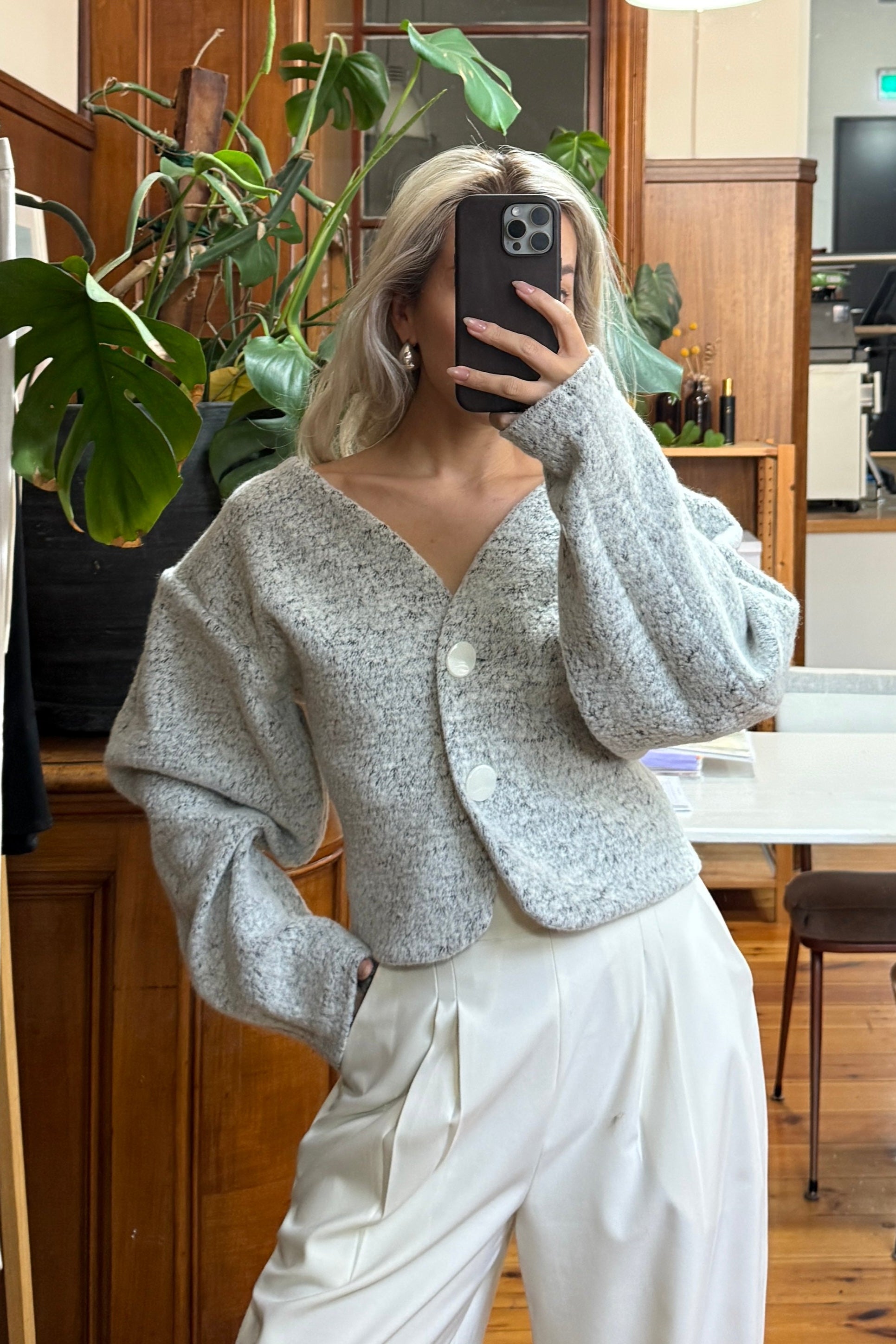 VOLUME SLEEVE CARDIGAN in ICY GREY MELANGE