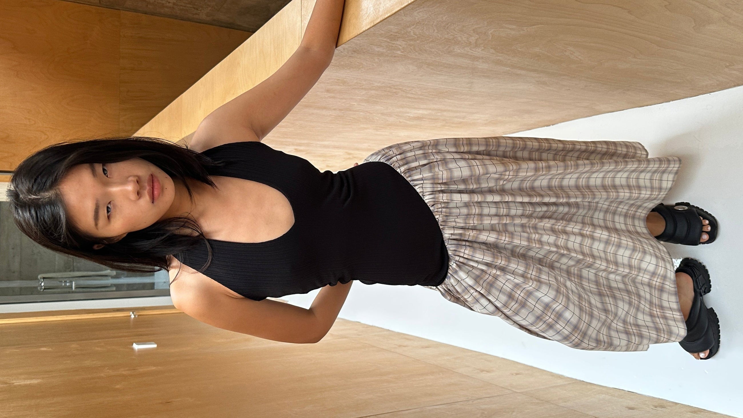 ASYMMETRIC HALTER DRESS in BLACK/PLAID