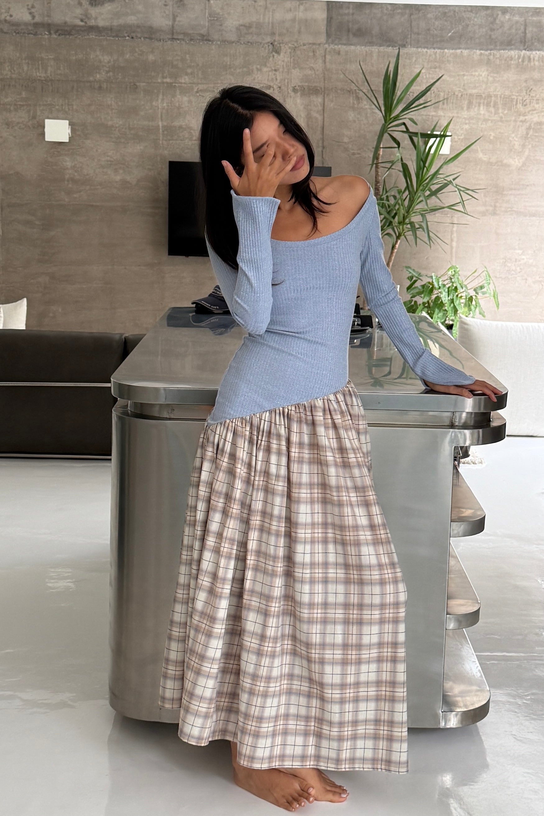 LONG SLEEVE ASYMMETRIC GATHER DRESS in BABY BLUE/PLAID