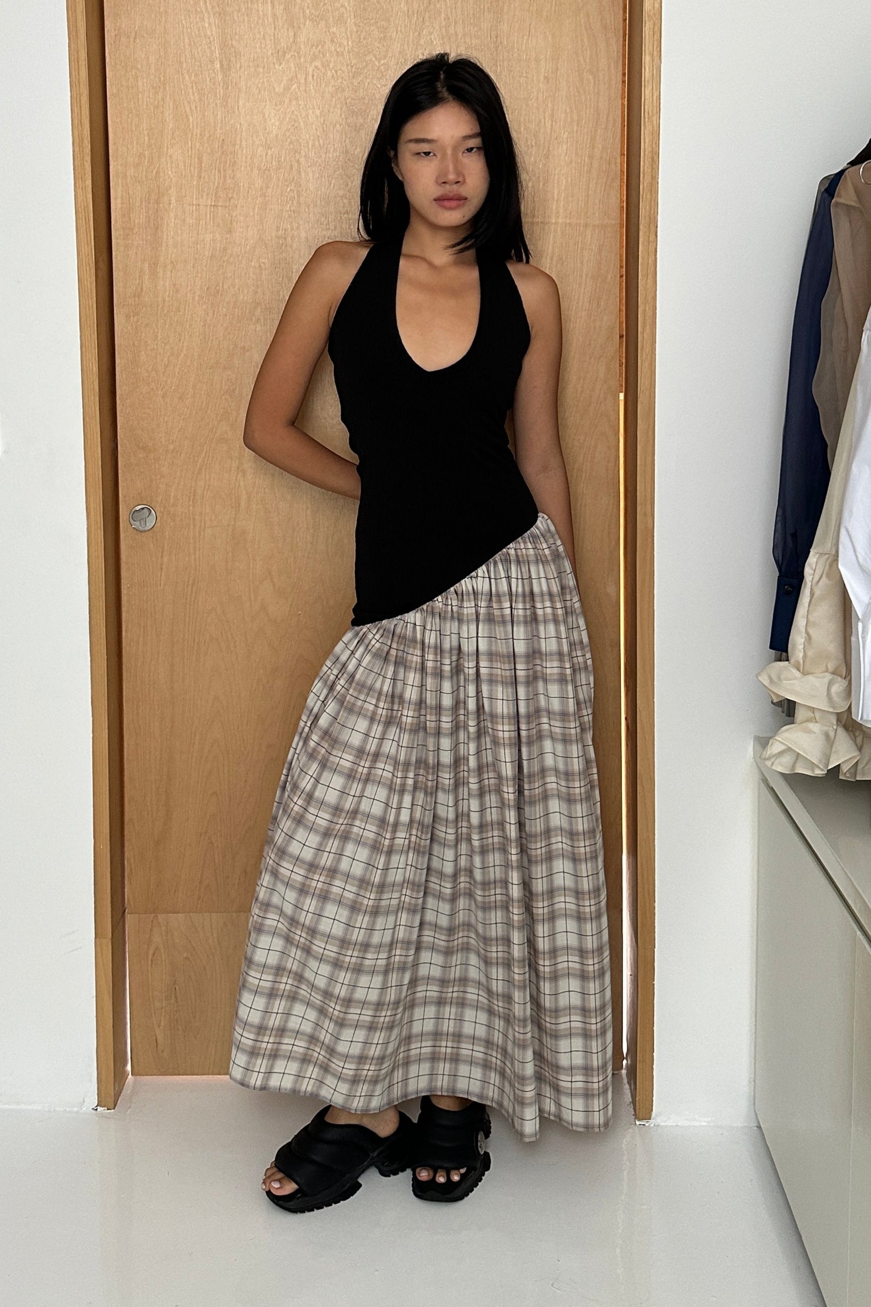 ASYMMETRIC HALTER DRESS in BLACK/PLAID