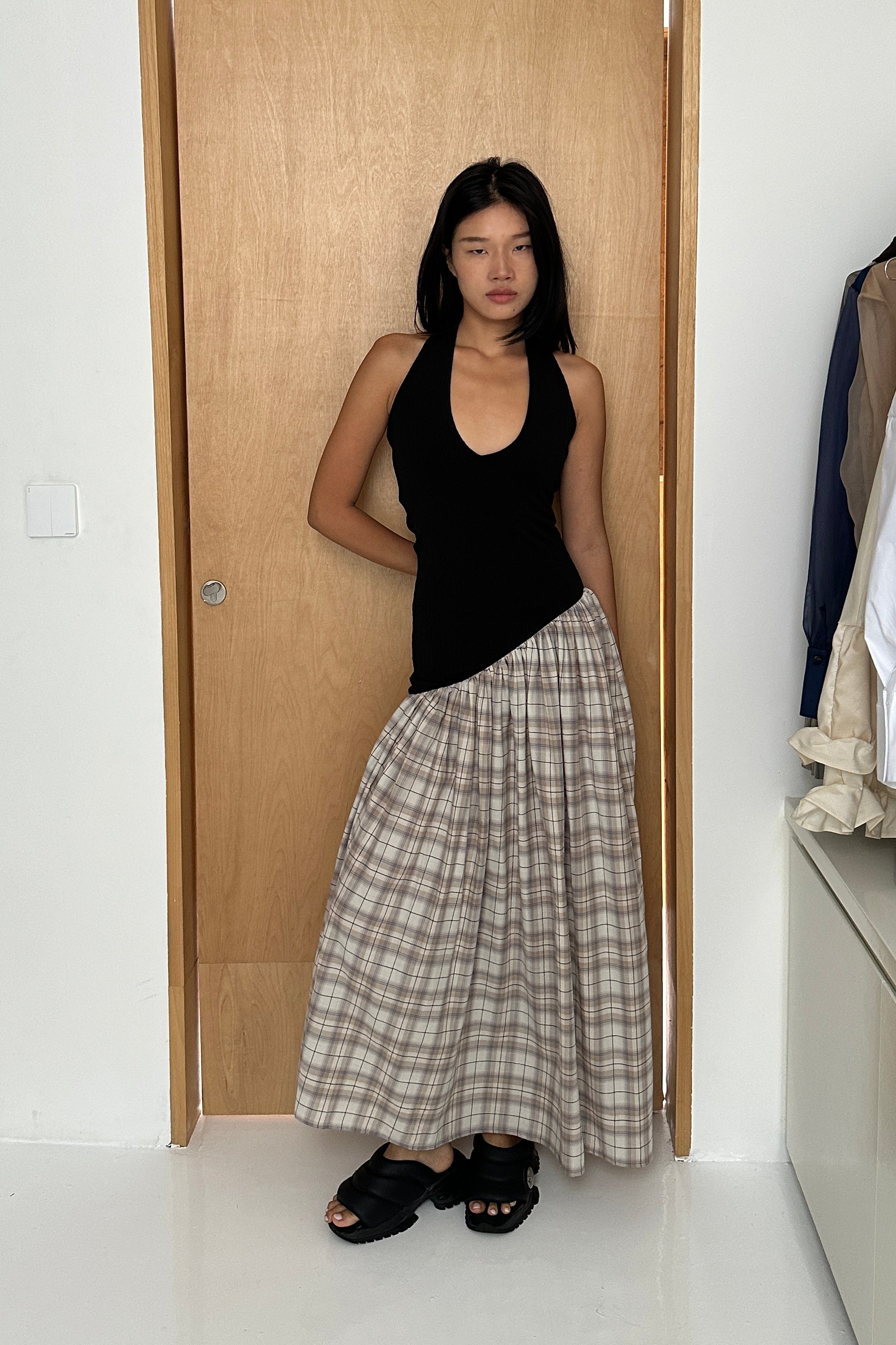 ASYMMETRIC HALTER DRESS in BLACK/PLAID