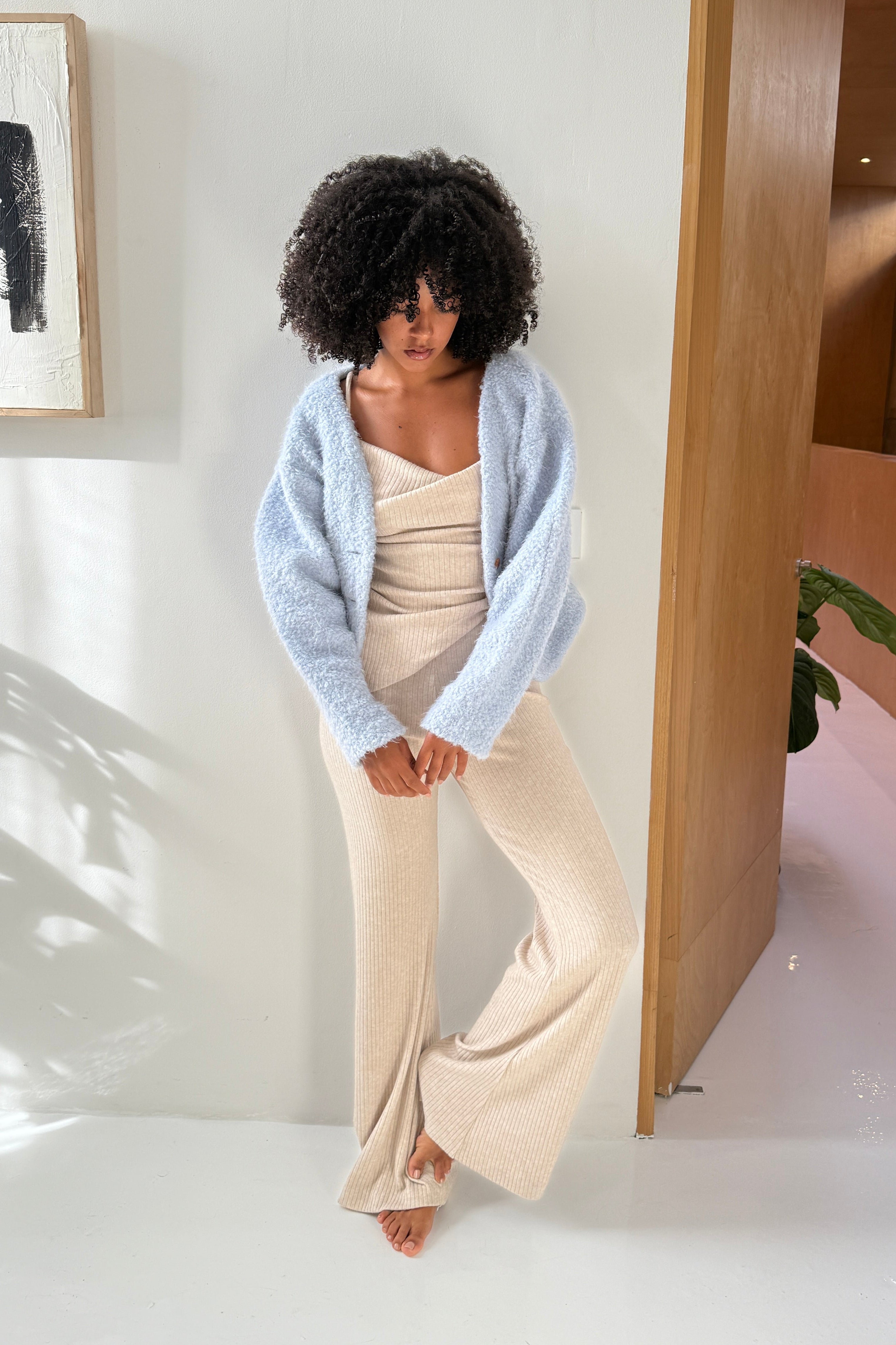WIDE LEG RIB KNIT PANT in OAT