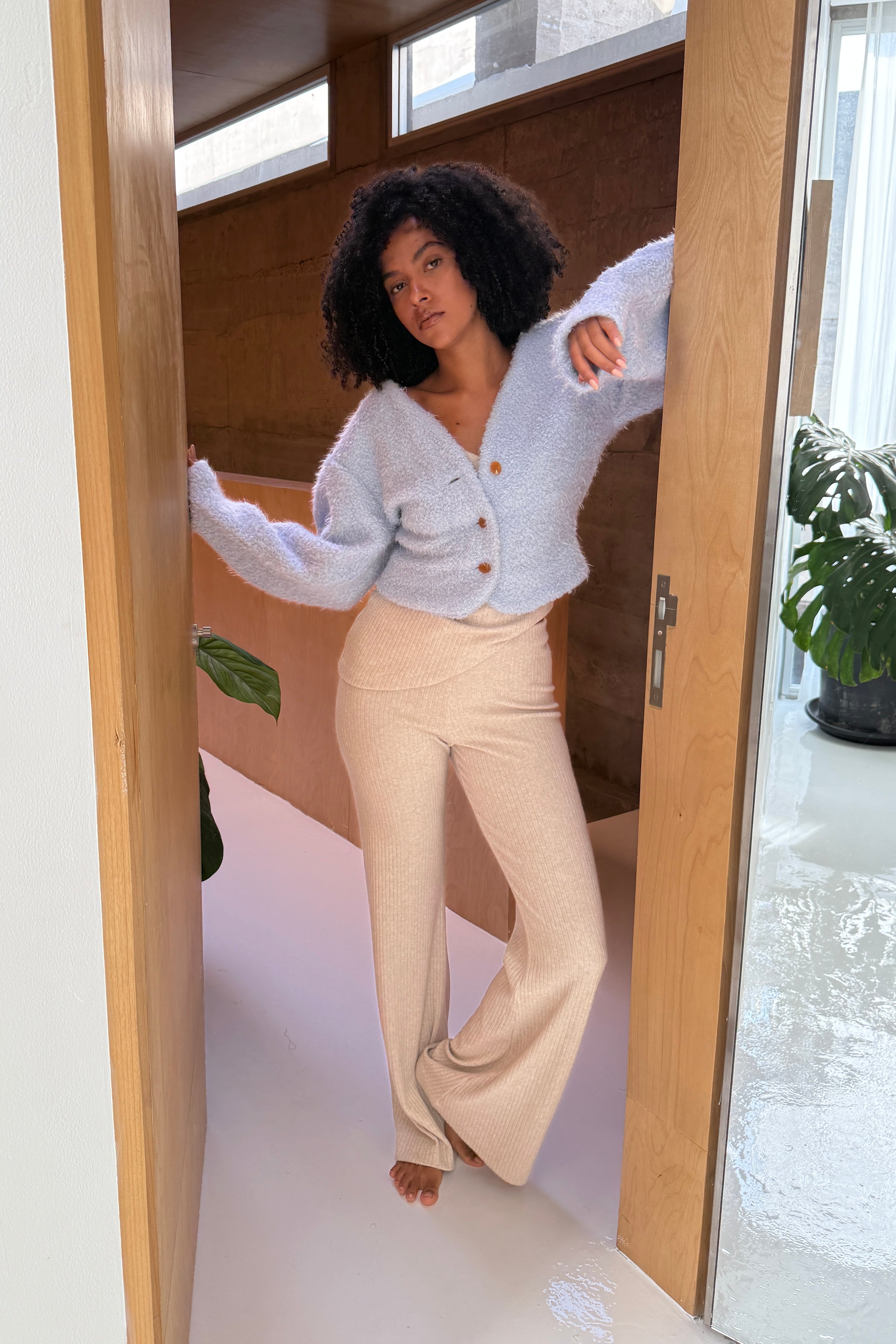 WIDE LEG RIB KNIT PANT in OAT