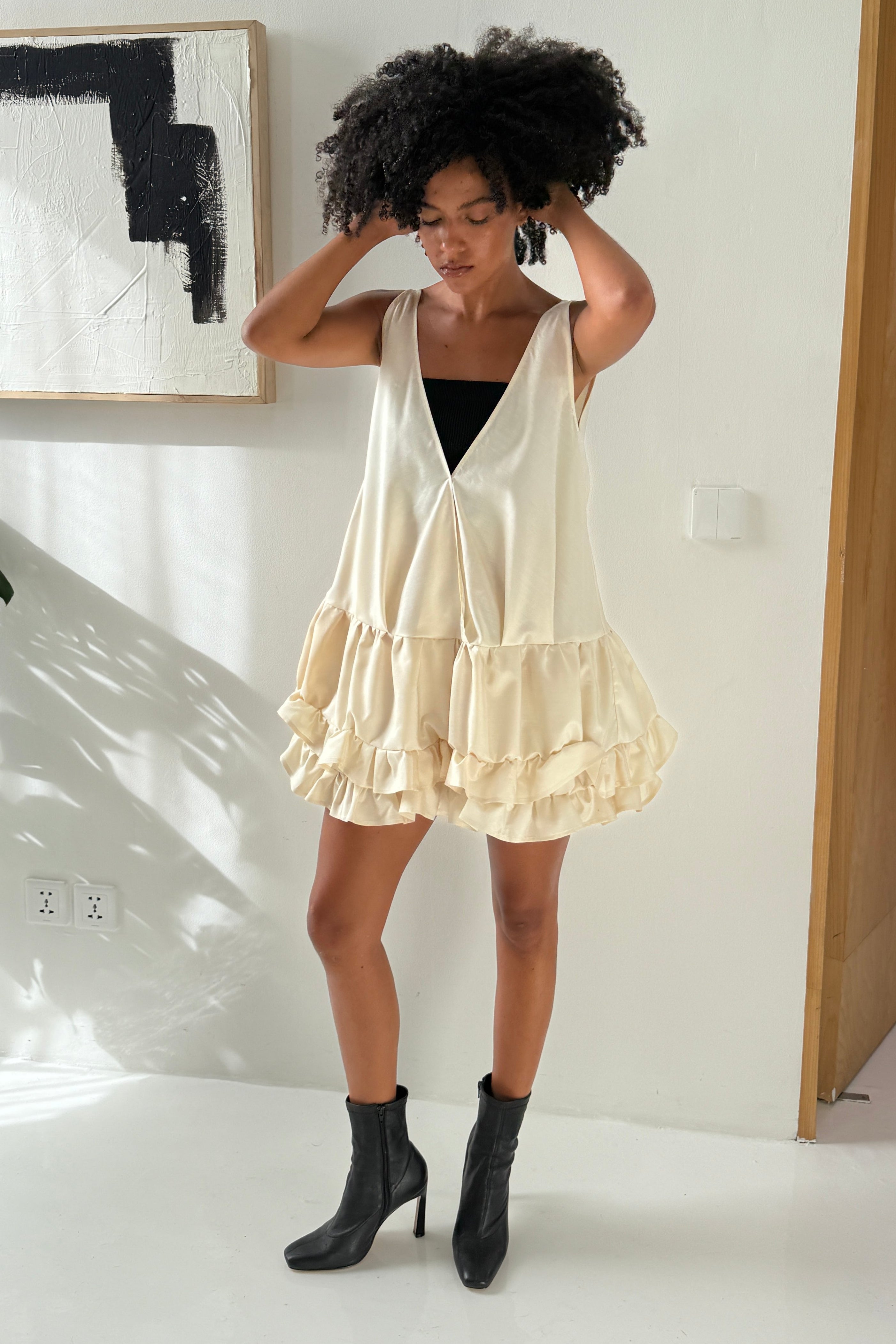 SILK RUFFLE LAYERED DRESS in CREAM