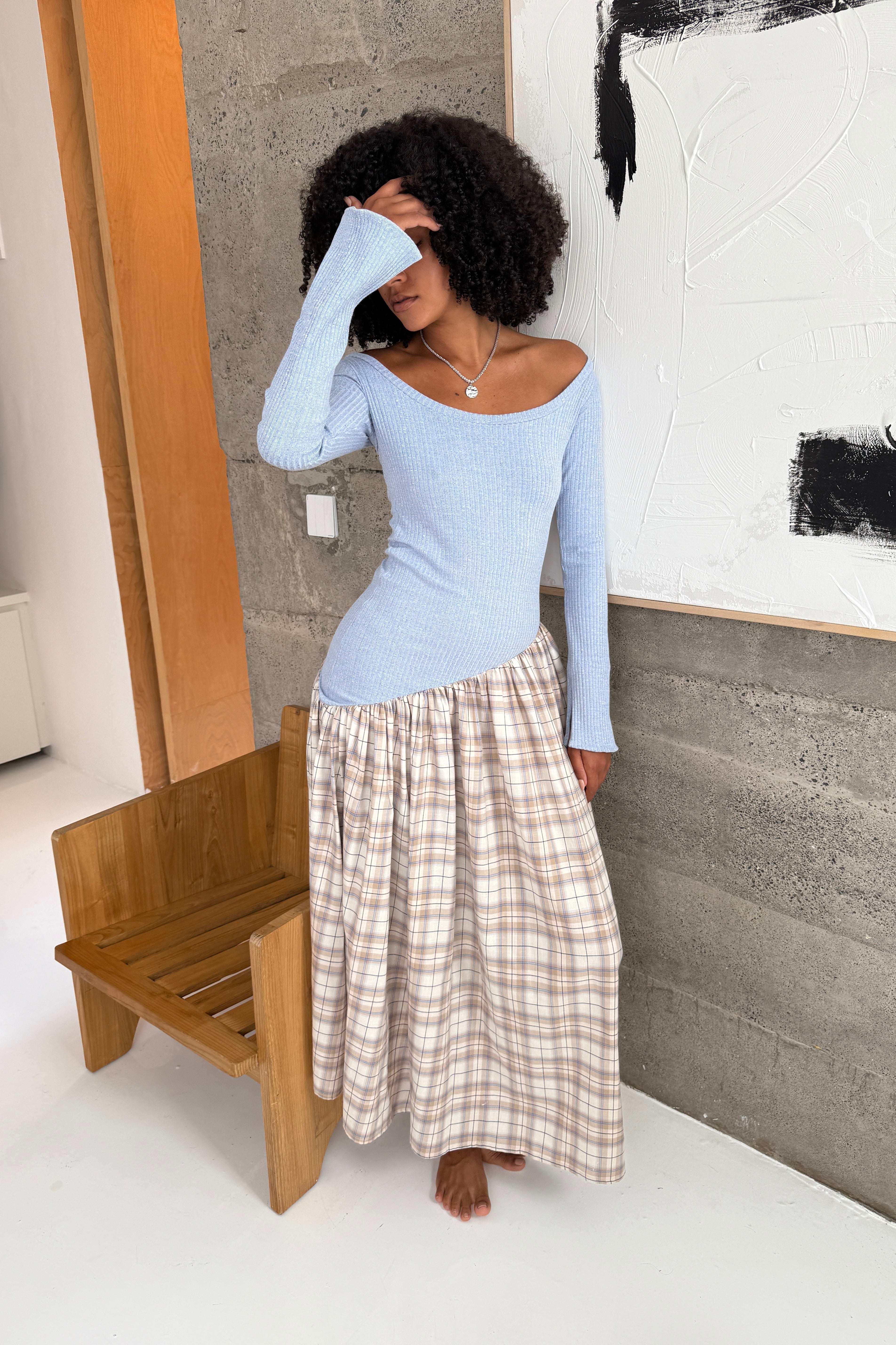 LONG SLEEVE ASYMMETRIC GATHER DRESS in BABY BLUE/PLAID