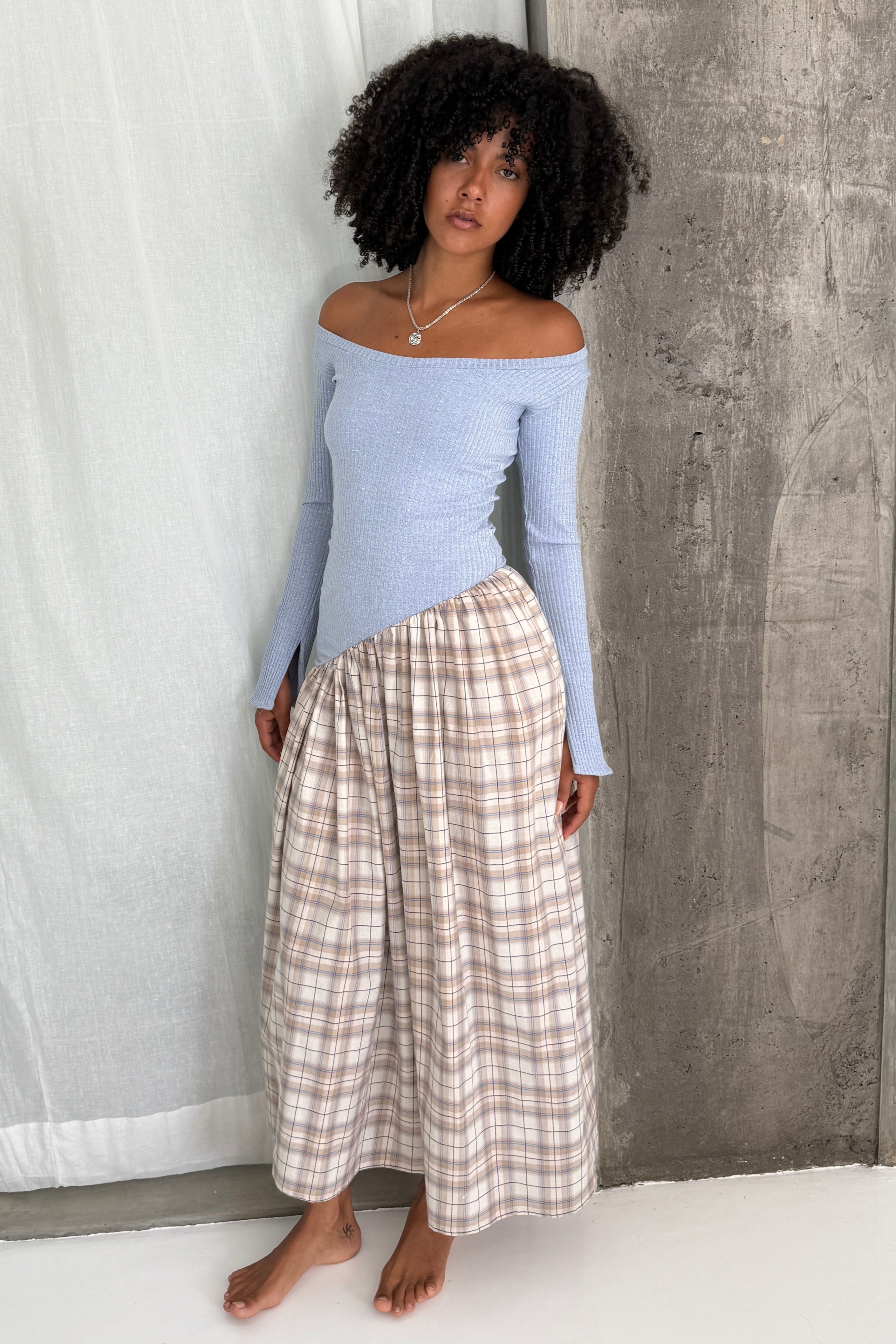 LONG SLEEVE ASYMMETRIC GATHER DRESS in BABY BLUE/PLAID