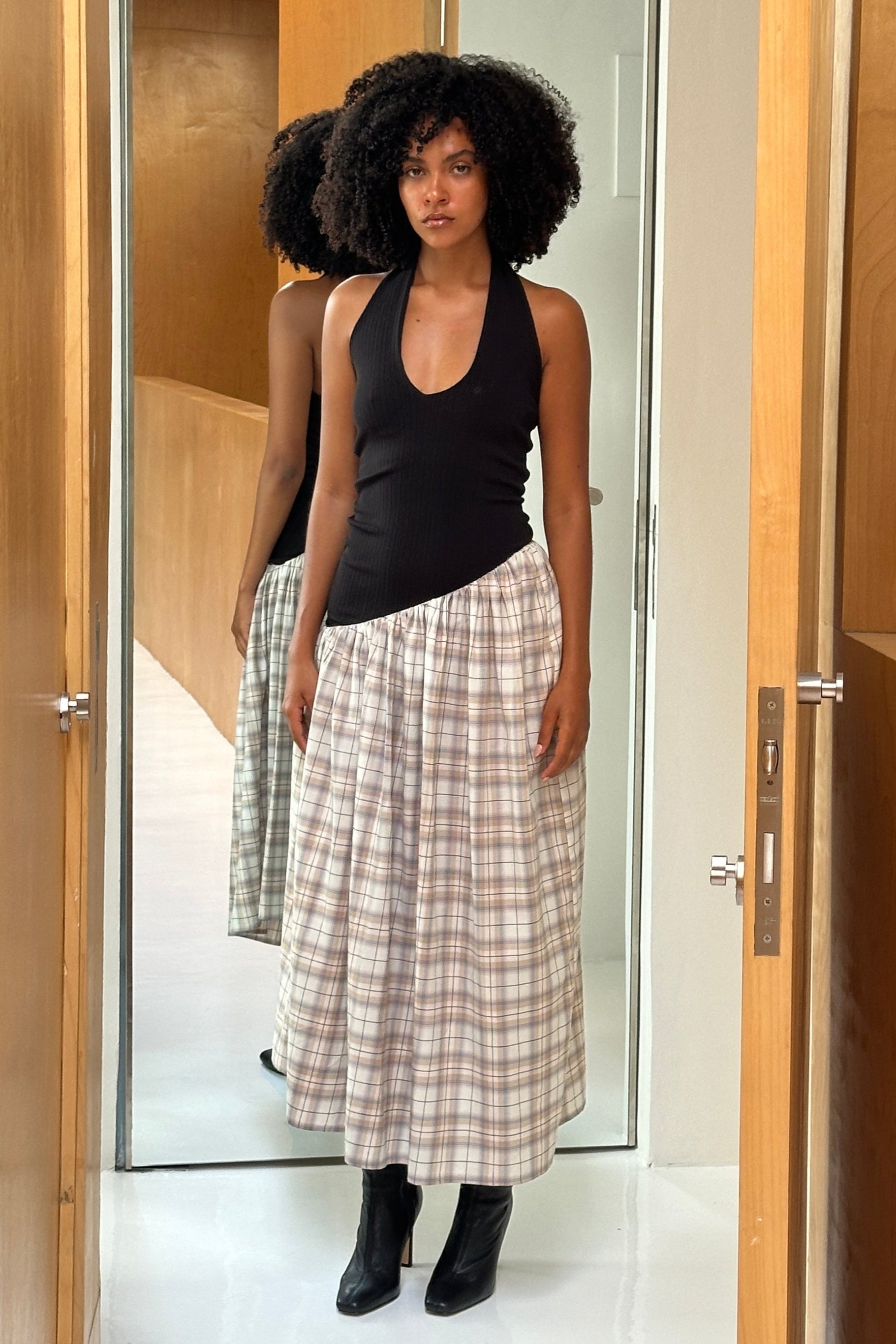 ASYMMETRIC HALTER DRESS in BLACK/PLAID