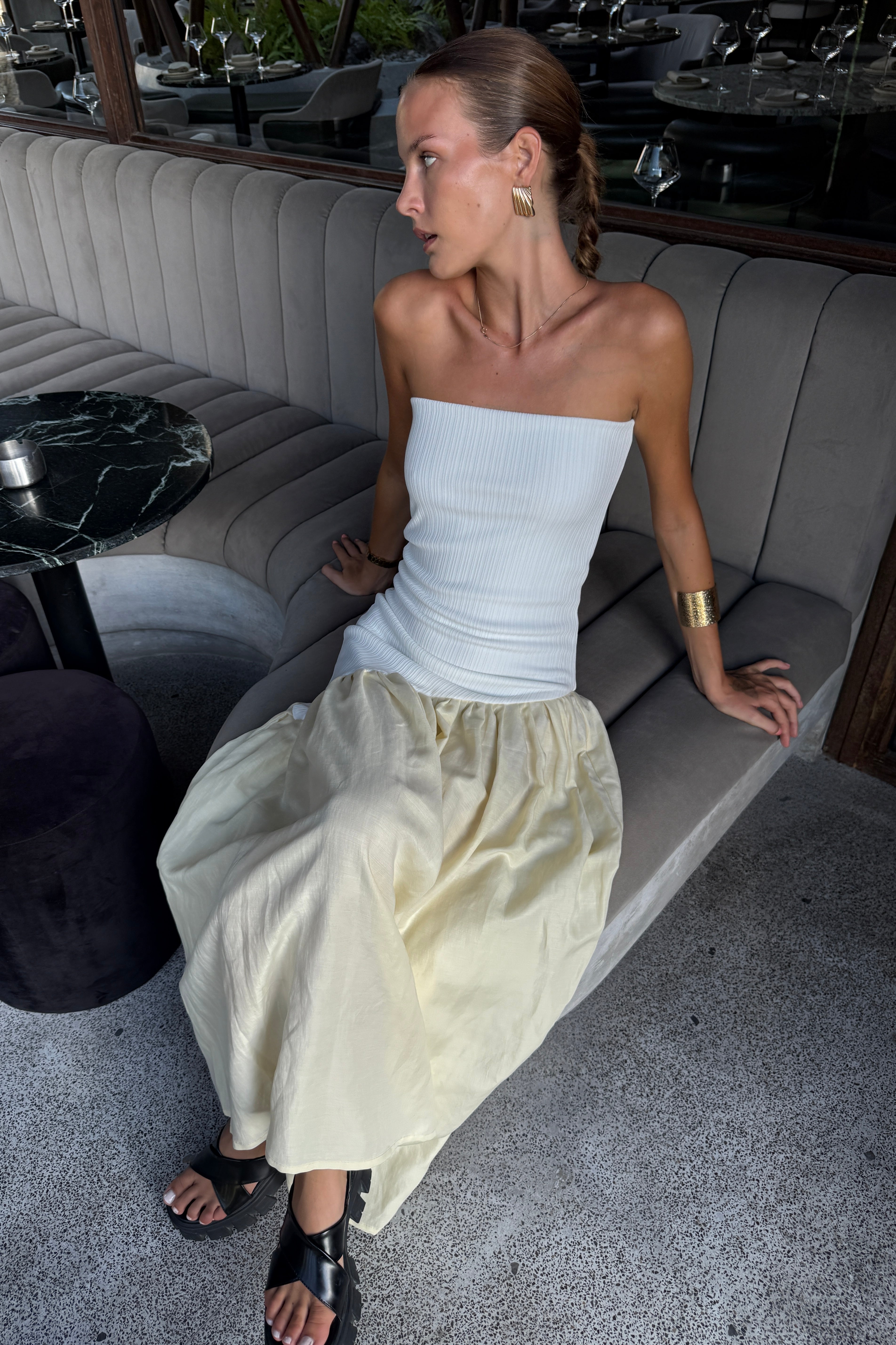 ASYMMETRIC TWO TONE GATHER DRESS in IVORY/LEMON