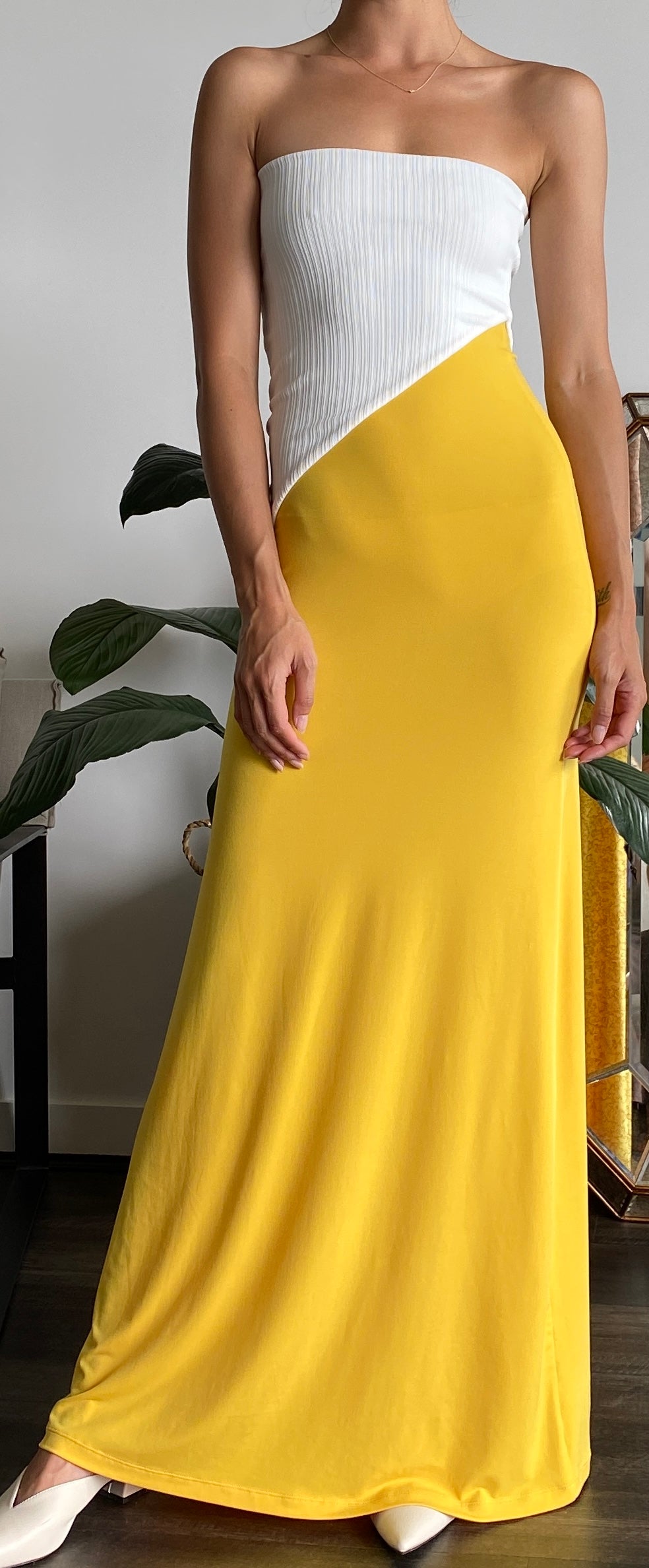 TWO TONE ASYMMETRIC LINE MAXI DRESS in WHITE/YELLOW