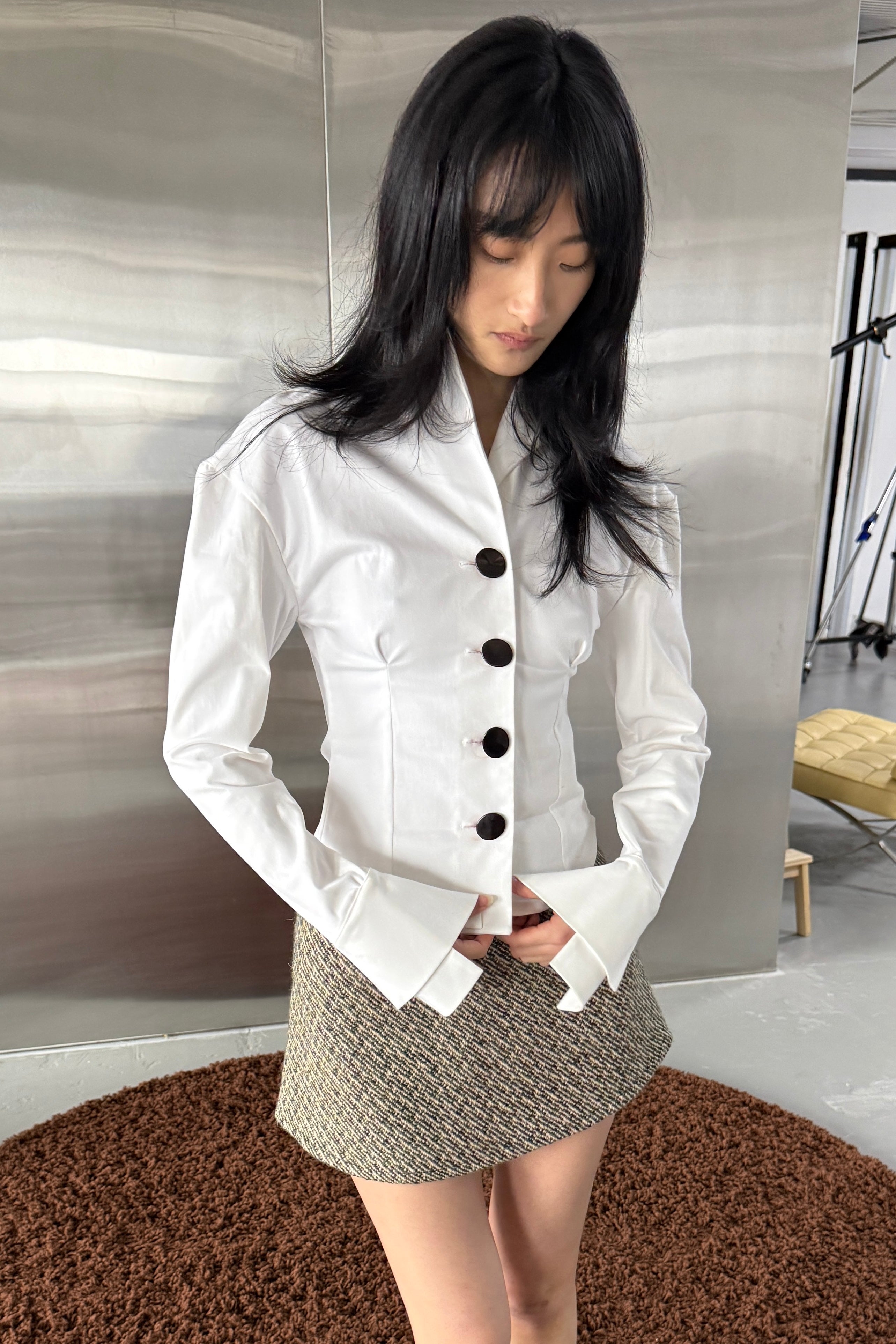 MINA BRUSHED COTTON STAND COLLAR SHIRT JACKET in WHITE