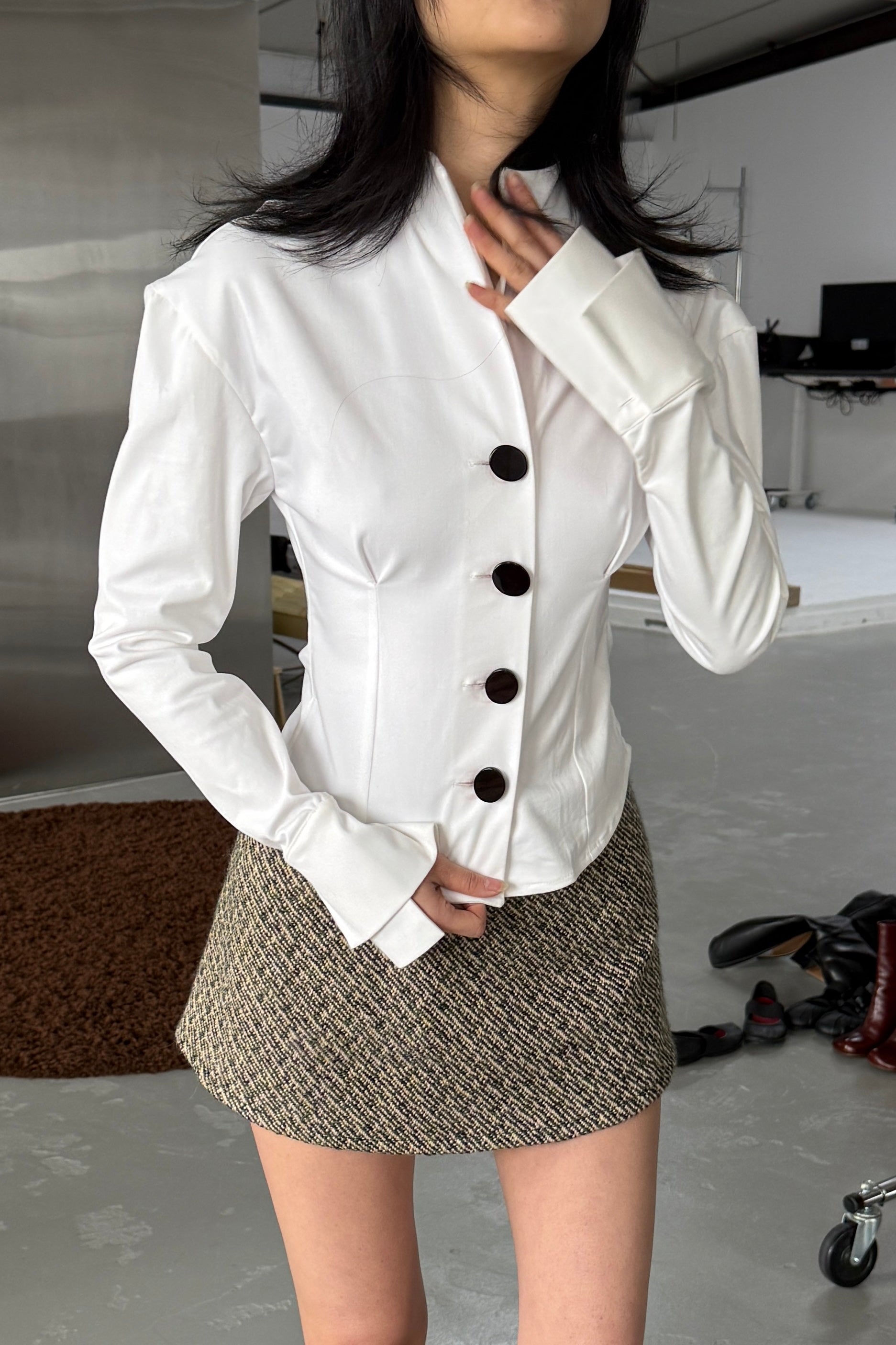 MINA BRUSHED COTTON STAND COLLAR SHIRT JACKET in WHITE