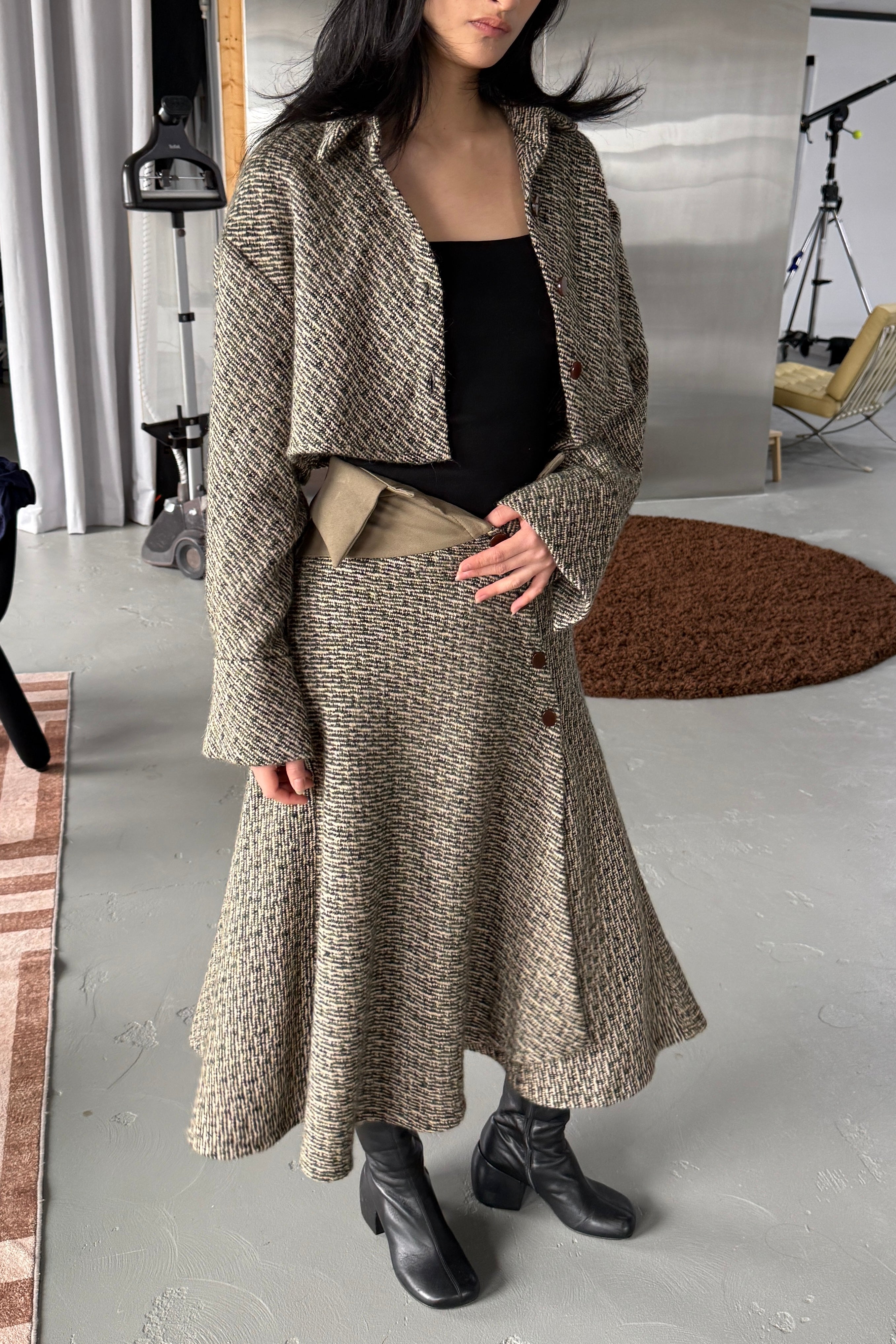 EMI JAPANESE WOOL BOUCLÉ HANDKERCHIEF SKIRT in OLIVE
