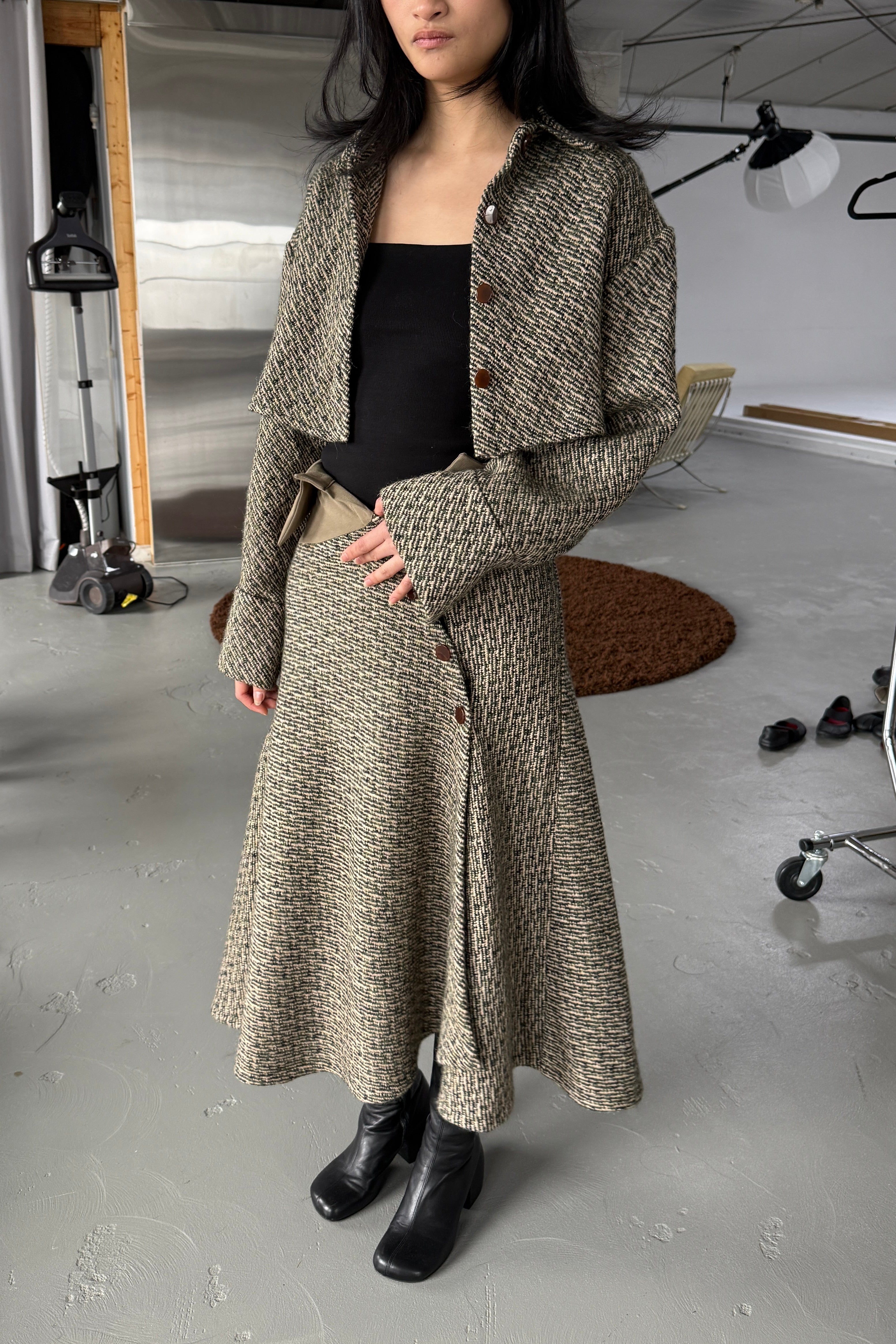 EMI JAPANESE WOOL BOUCLÉ HANDKERCHIEF SKIRT in OLIVE