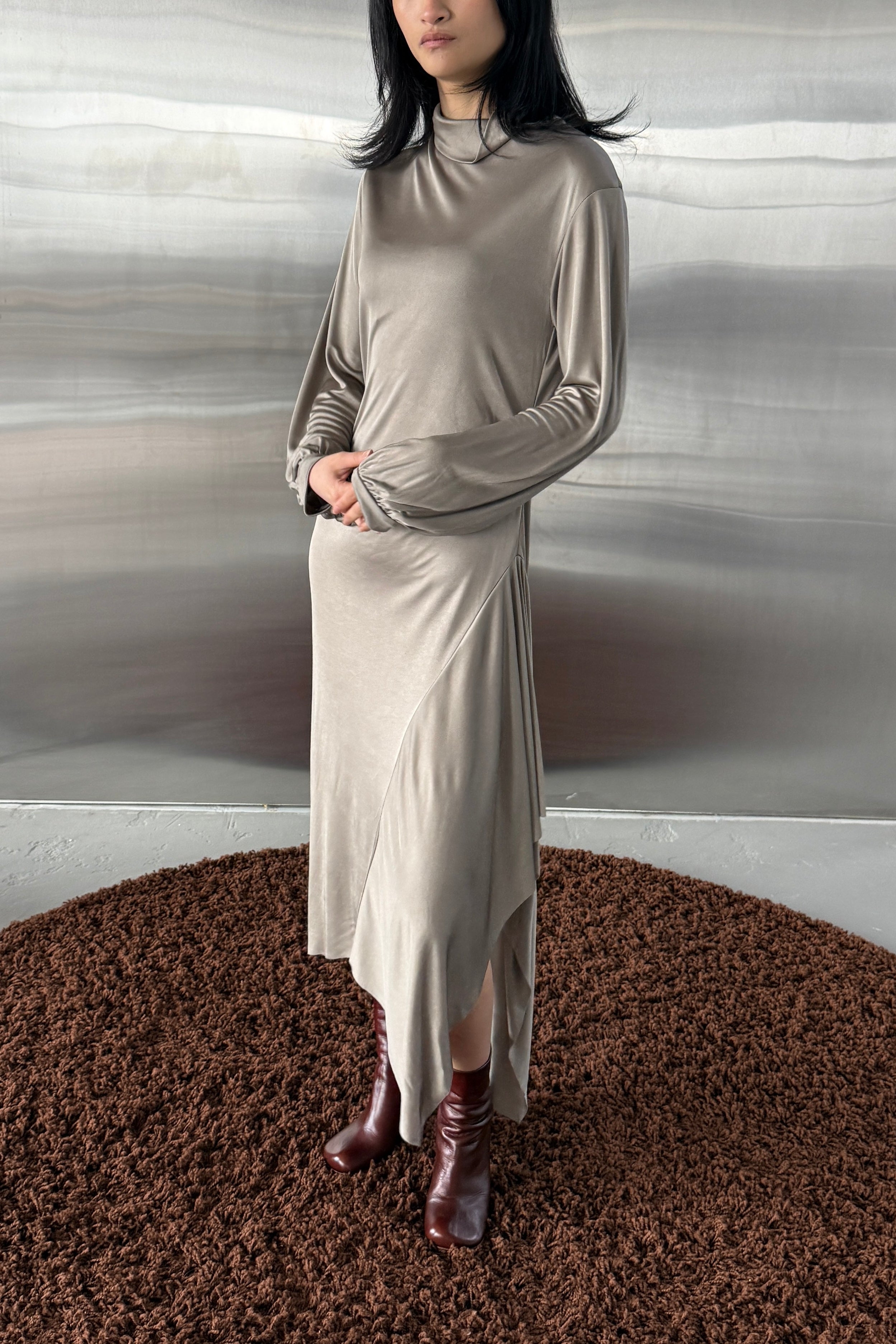 ANYA DRAPED BELL SLEEVE LONG DRESS in PEWTER