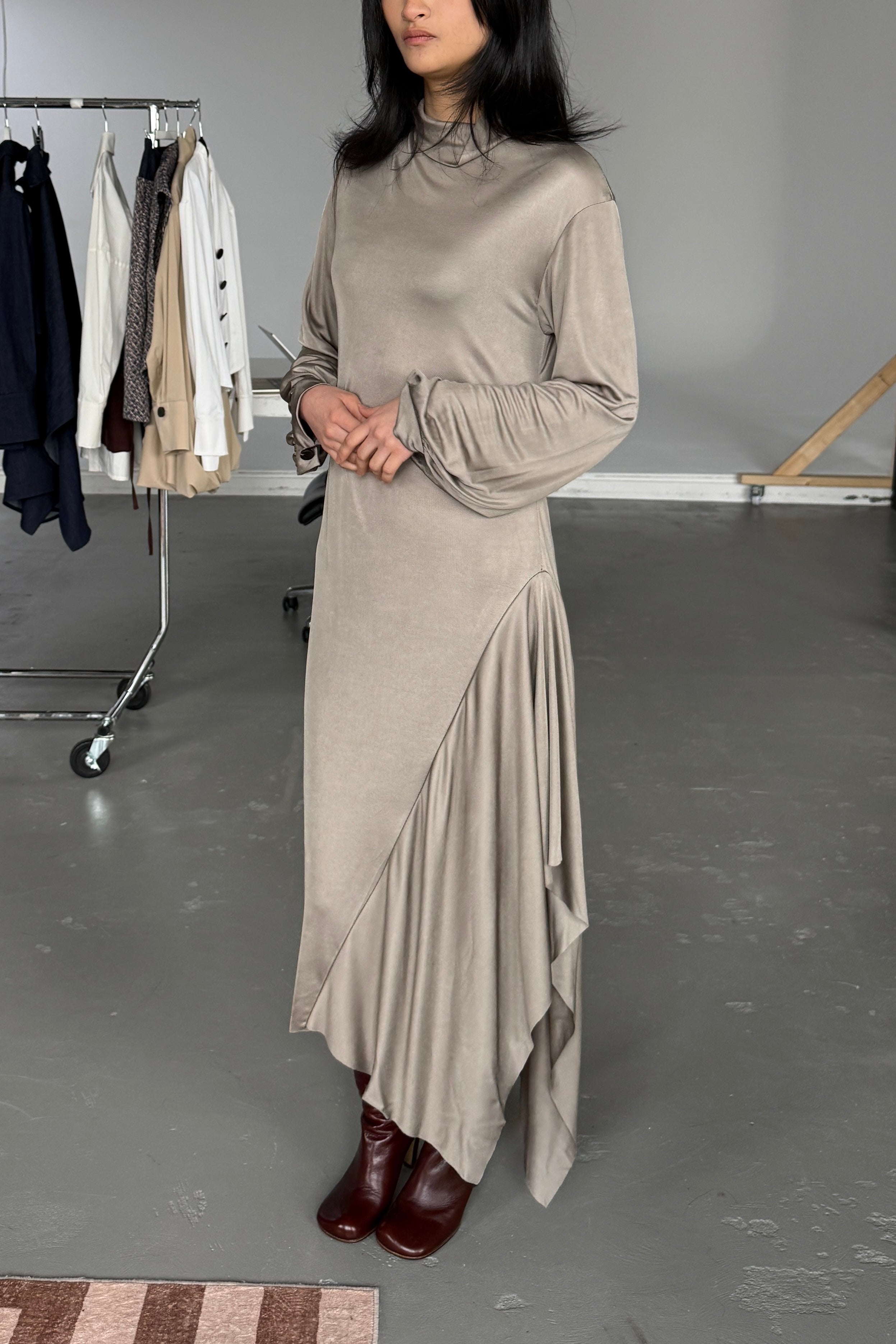ANYA DRAPED BELL SLEEVE LONG DRESS in PEWTER