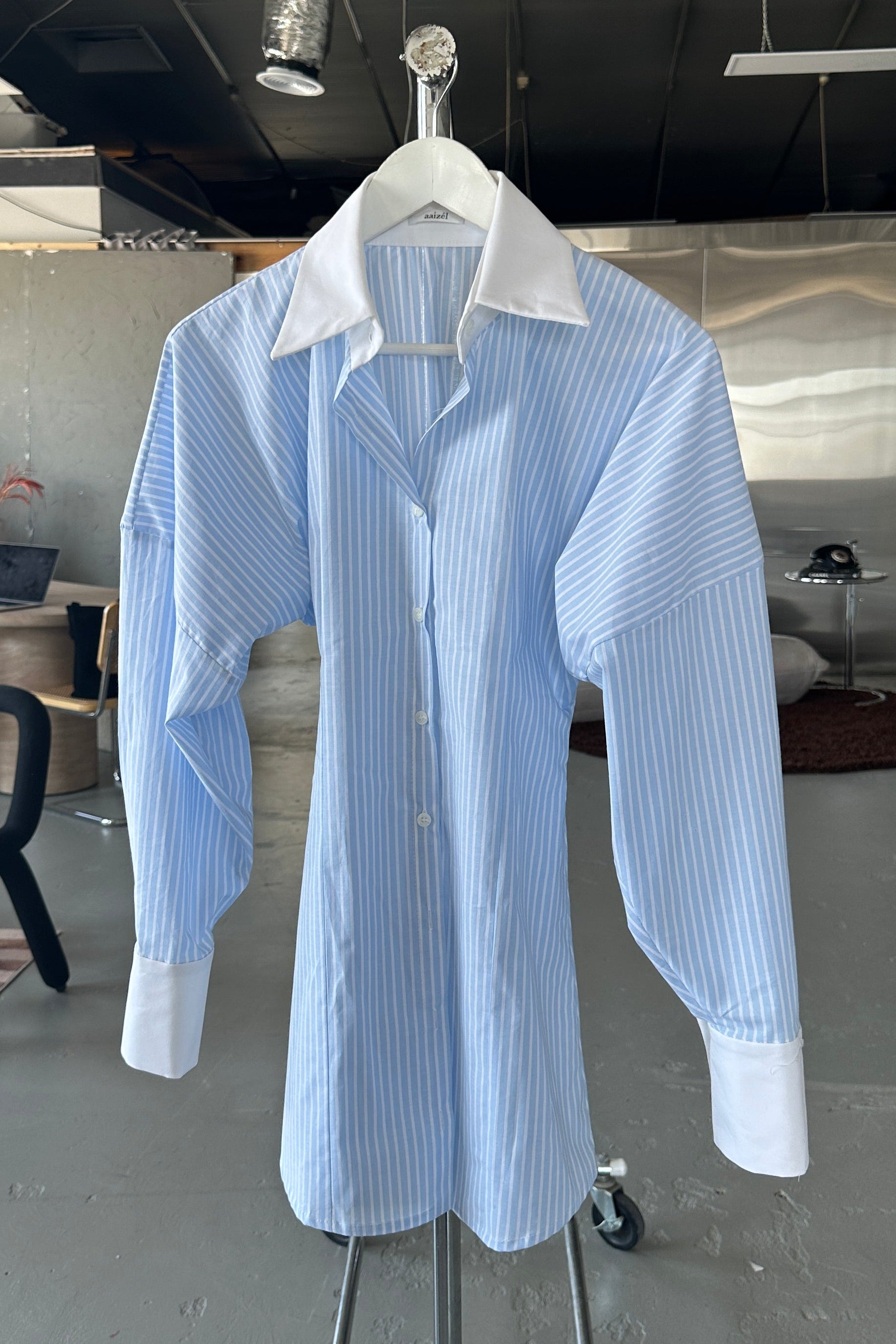 VOLUME SLEEVE SHIRT DRESS in BABY BLUE STRIPE