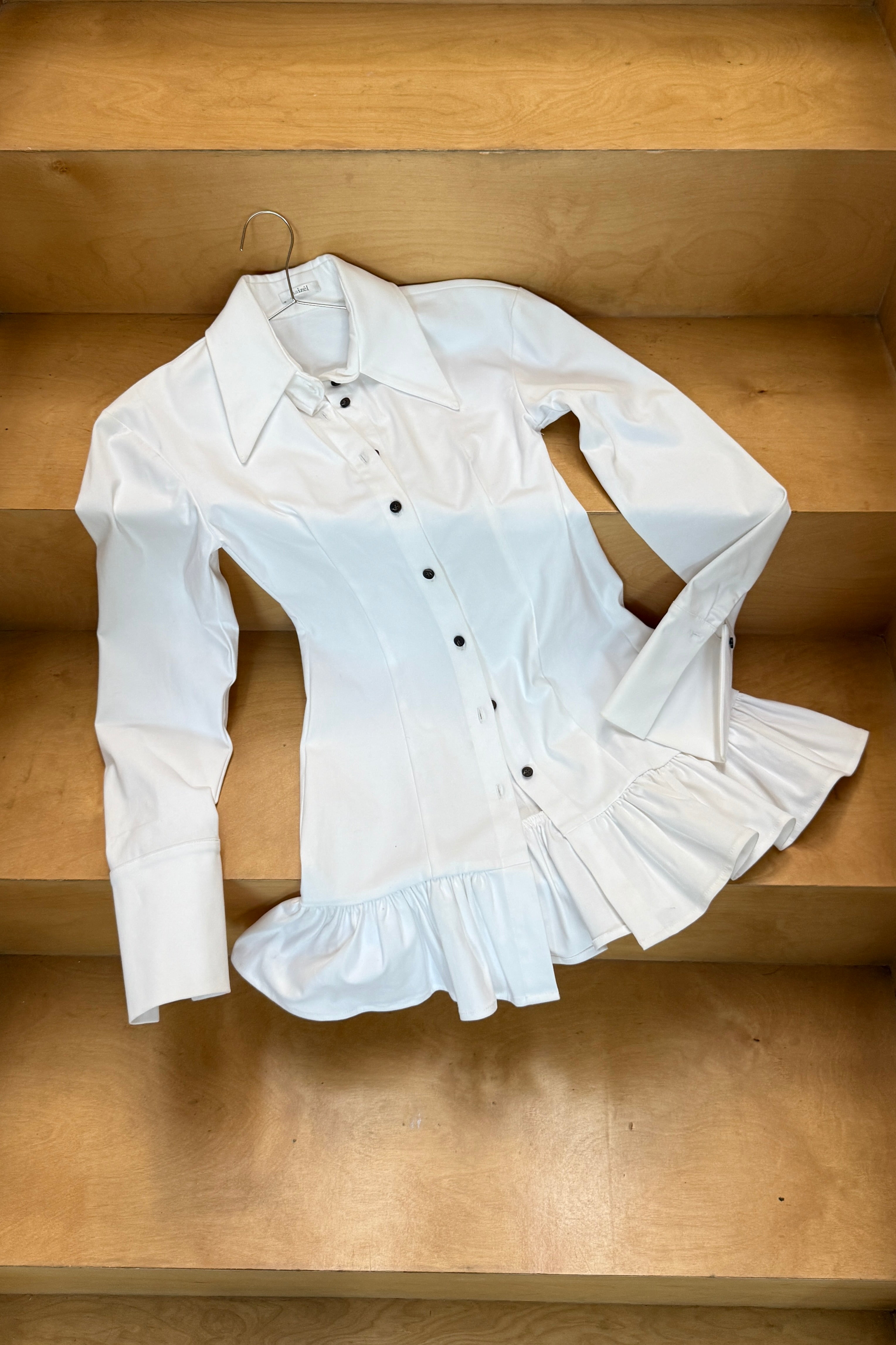 BRUSHED COTTON FITTED SHIRT DRESS WITH RUFFLE HEM in WHITE