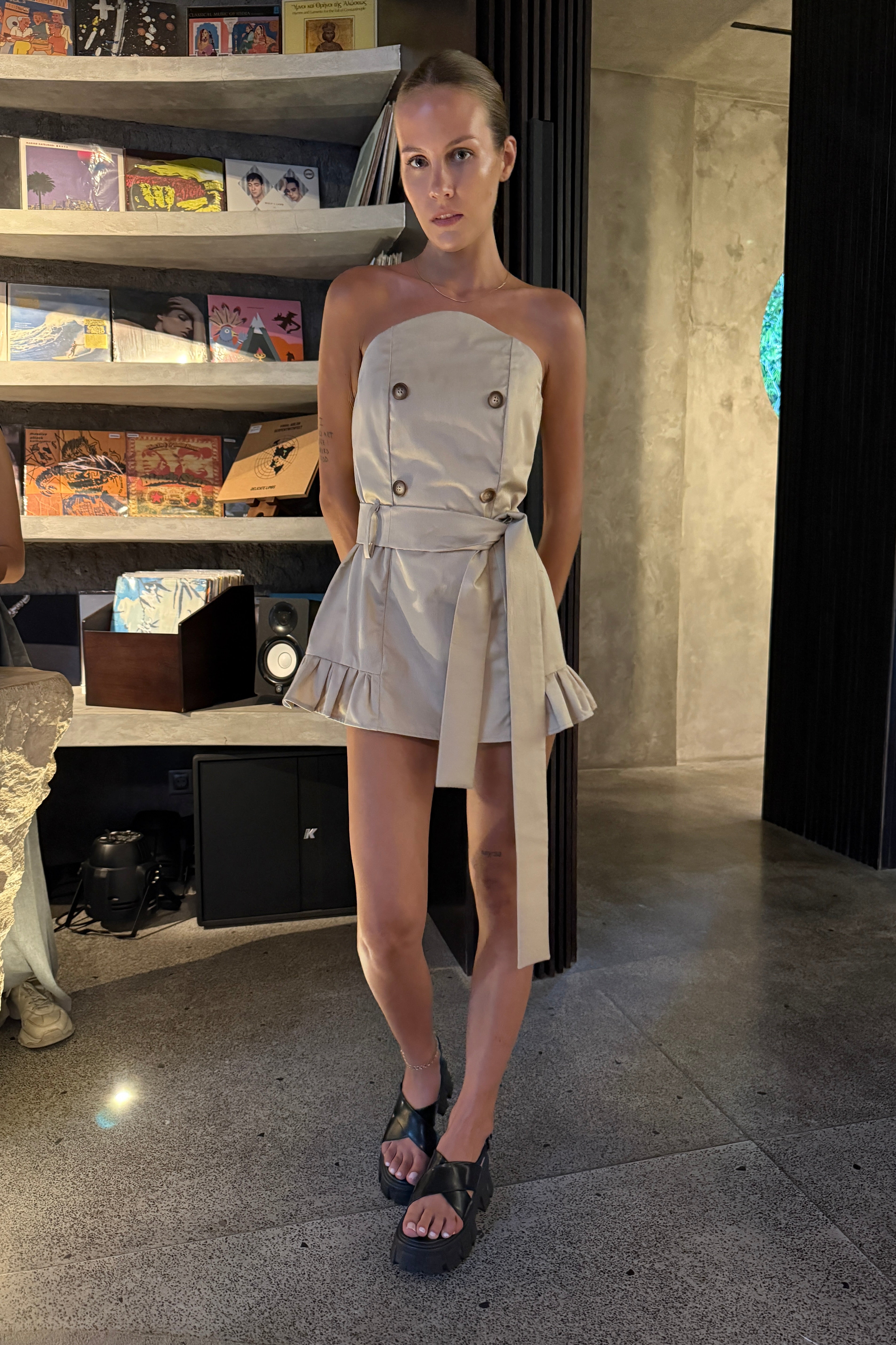 HALFMOON TAILORED RUFFLE MINI DRESS WITH SASH in SAND